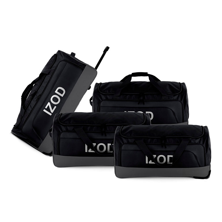 Set of black bags with 'IZOD' branding on a white background