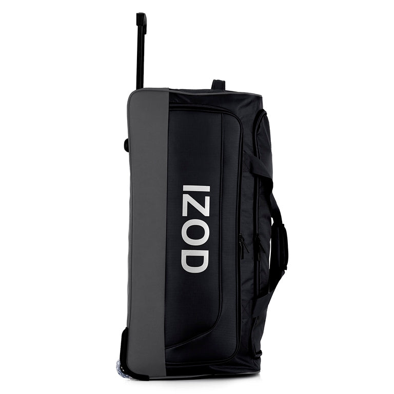 Black duffel bag with 'IZOD' branding on a white background