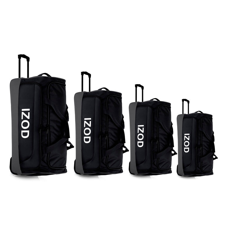 Four black travel bags with 'IZOD' branding on a white background