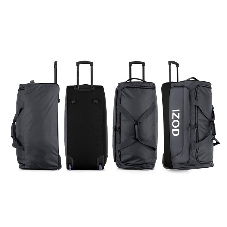 Four black duffel bags of increasing size on a white background, with 'IZOD' branding on the largest bag.