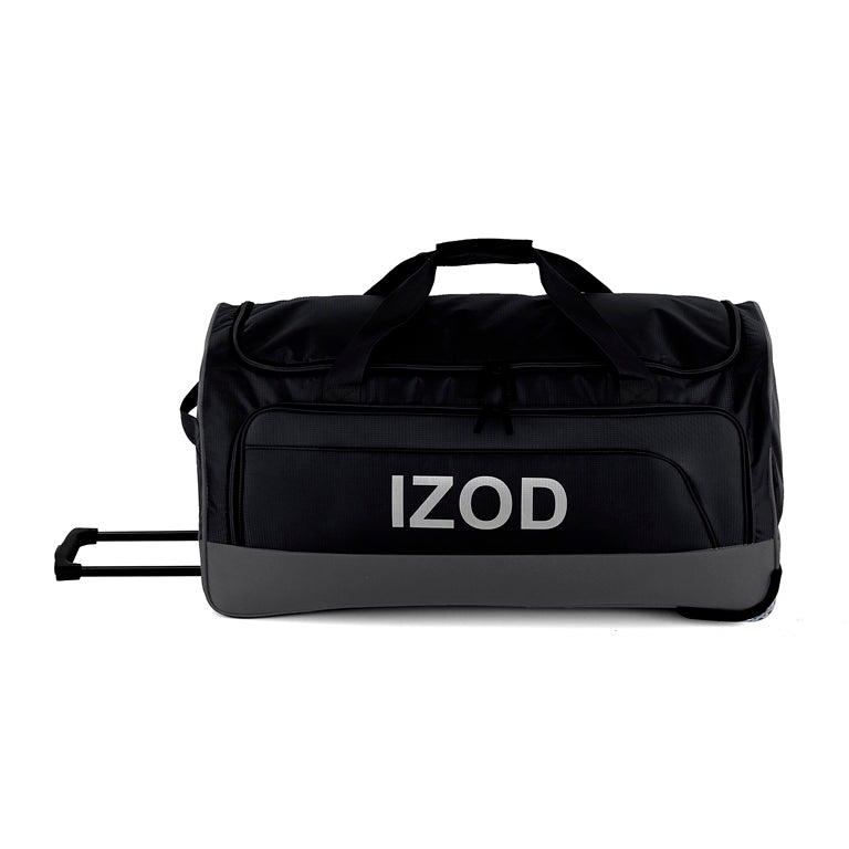 Black duffel bag with 'IZOD' branding on a white background