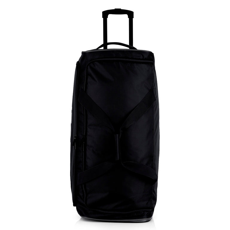 Black rolling suitcase on a white background