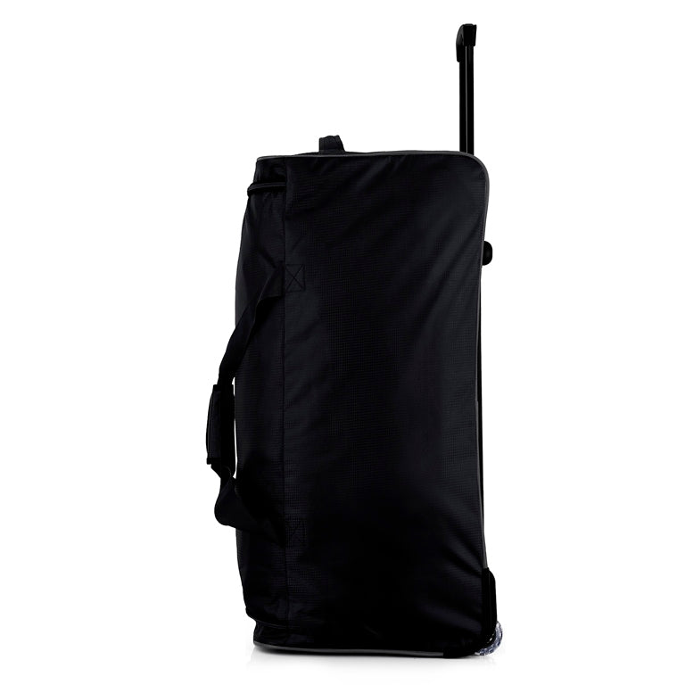 Black rolling duffel bag on a white background
