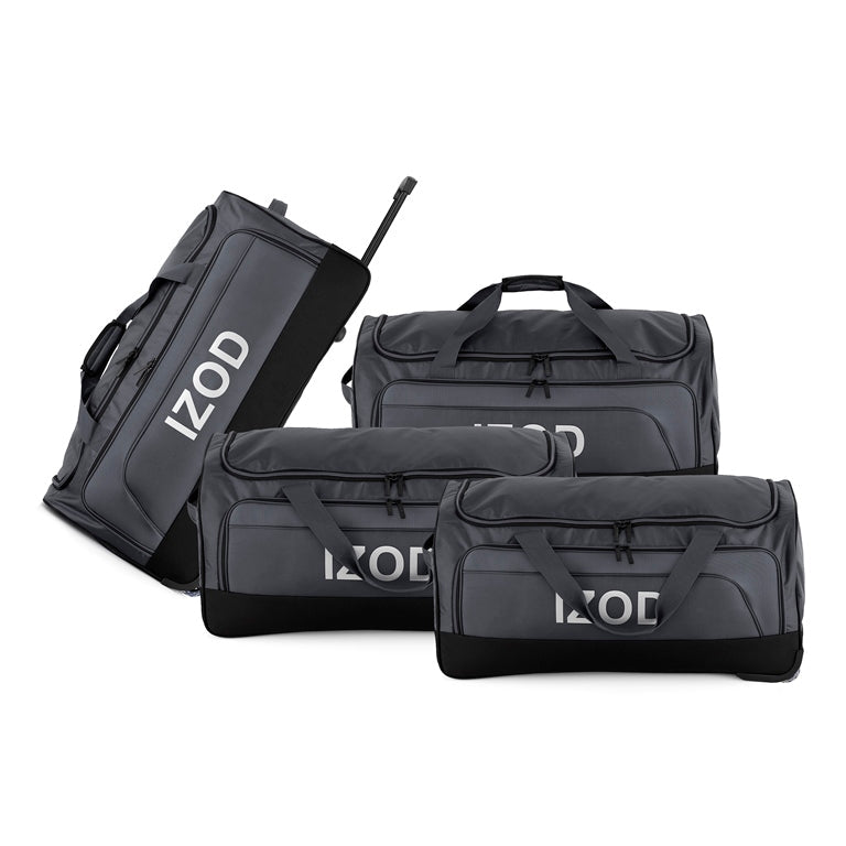 Set of black travel bags with 'IZOD' branding on a white background