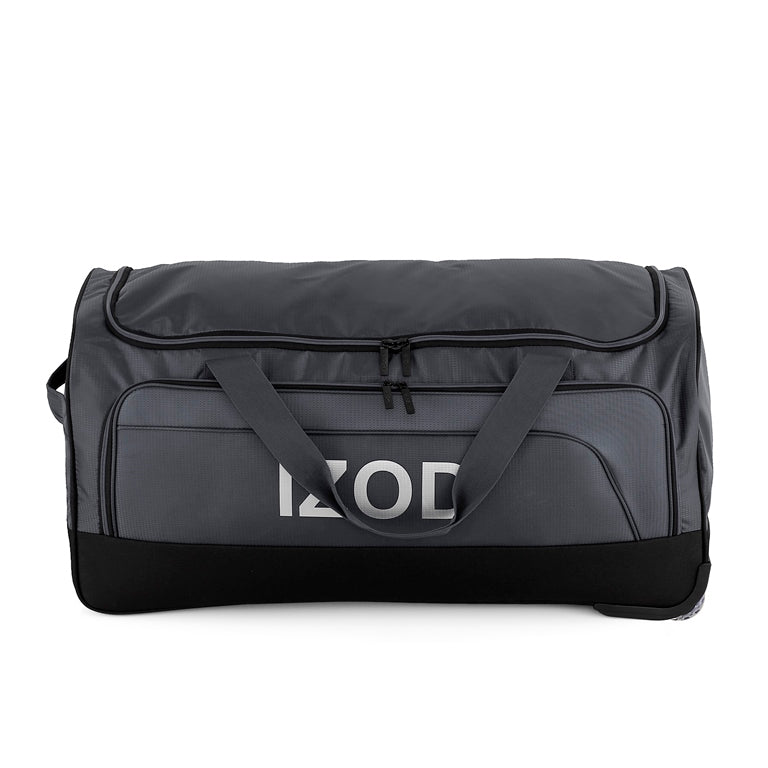 Gray duffel bag with black accents and 'IZOD' branding on a white background