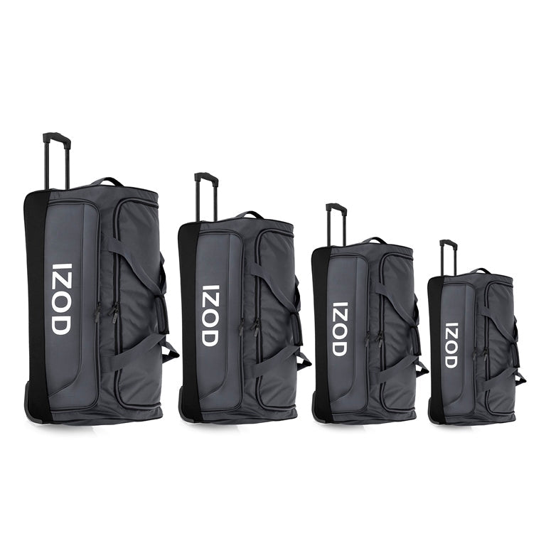 Four black rolling duffel bags with 'IZOD' branding on a white background