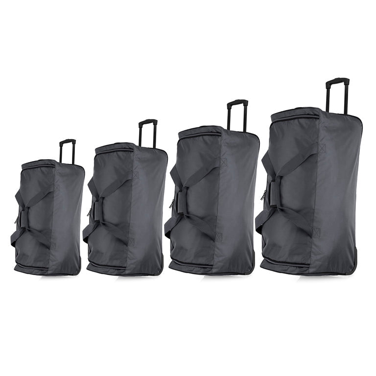 Set of four gray rolling duffel bags of different sizes on a white background