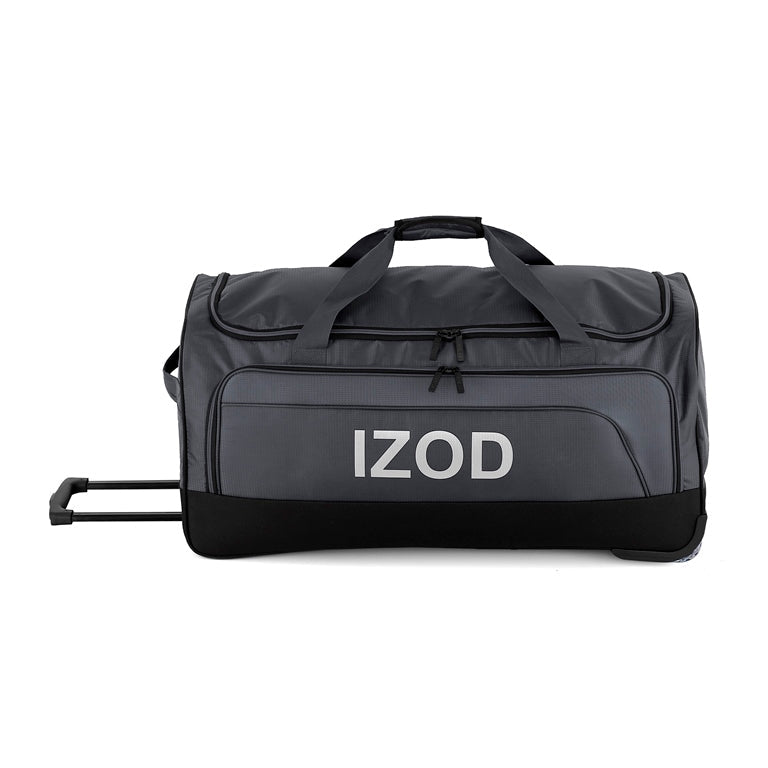 Gray duffel bag with 'IZOD' branding on a white background