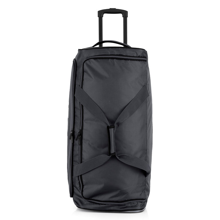 Black rolling duffel bag on a white background