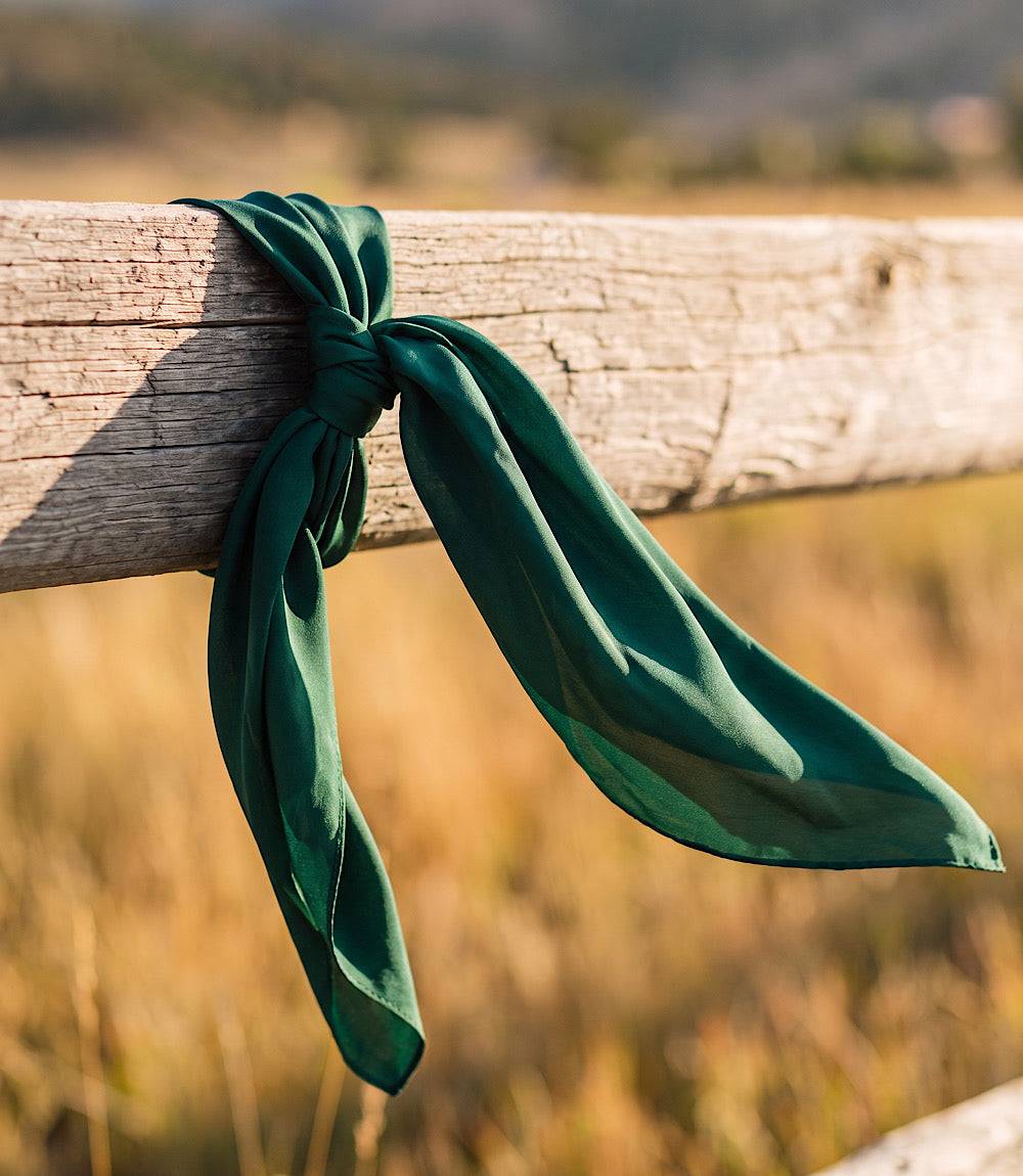 A dark green silk scarf tied in a knot and draped over a rustic wooden fence rail, with a blurred outdoor field in the background.