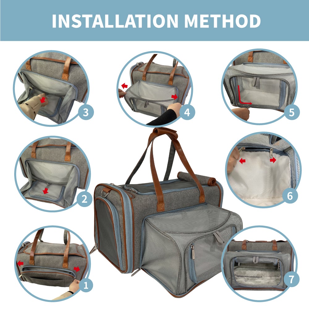 Step-by-step installation method for a gray pet carrier with brown handles.