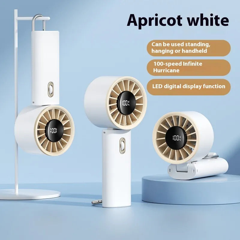 Portable fan with white and beige design on a blue background