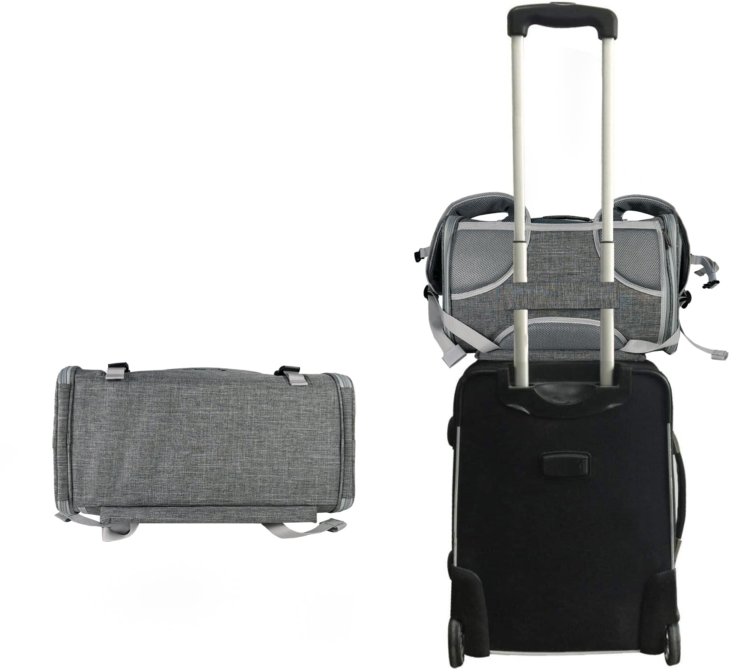 Gray rolling suitcase and black folding travel mat on a white background