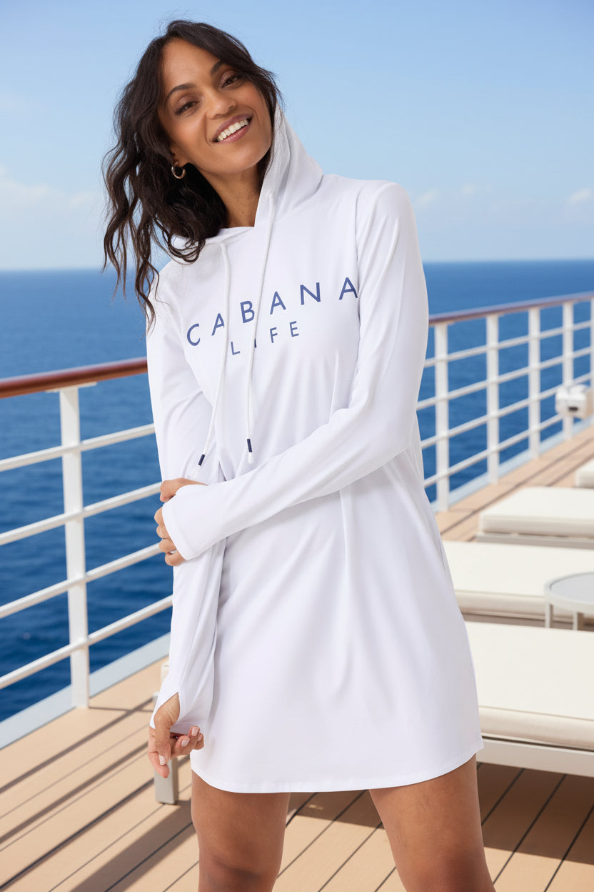 Woman wearing a white hoodie with 'CABANA LIFE' text on a plain background