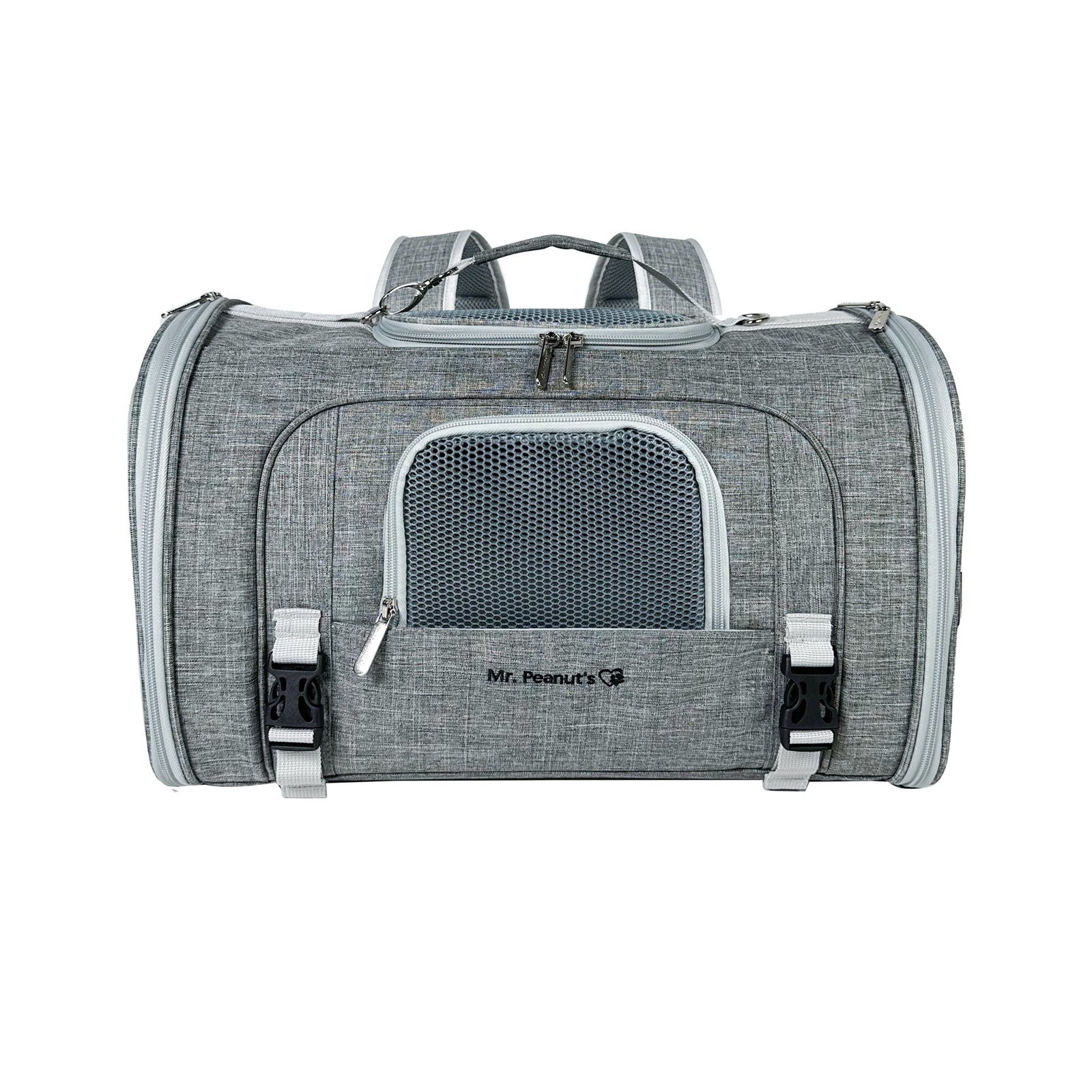 Gray pet carrier with 'Mr. Peanut's' branding on a white background