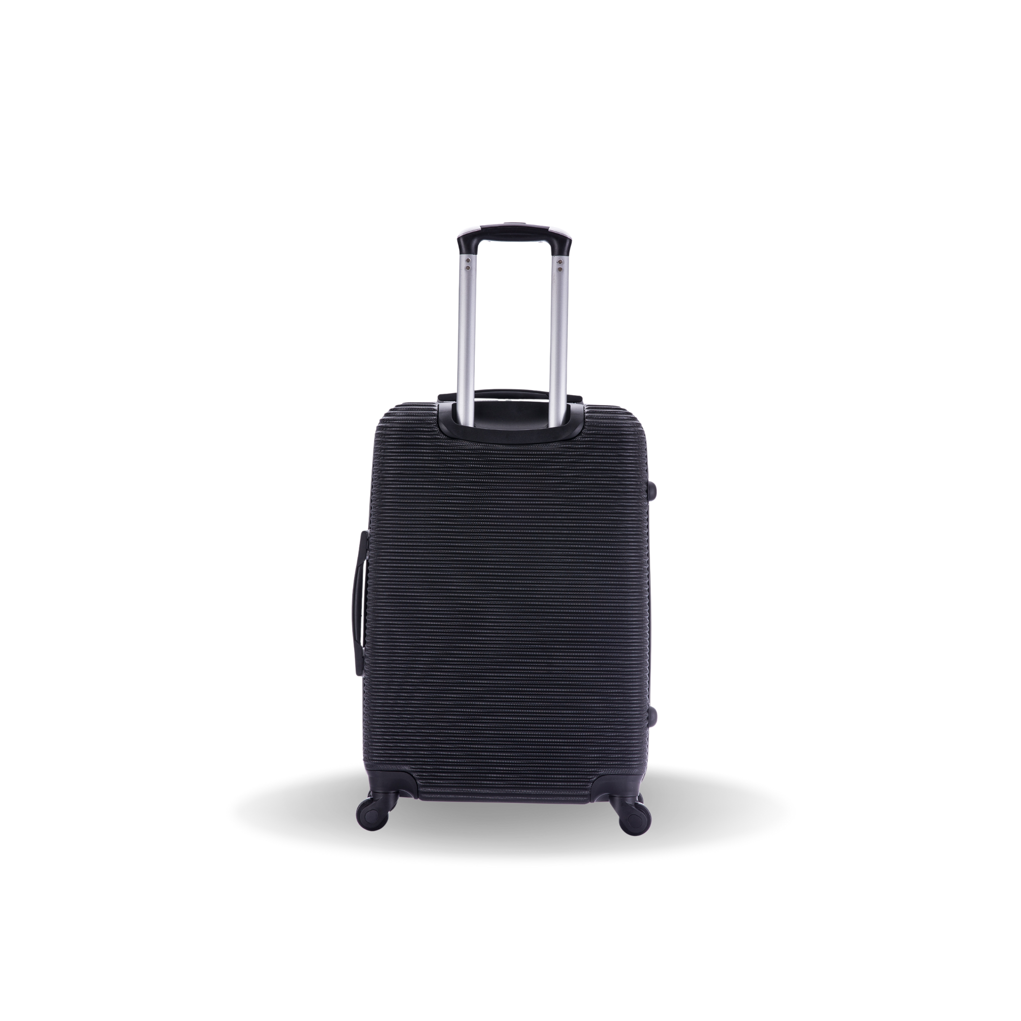 Black suitcase with wheels on a white background