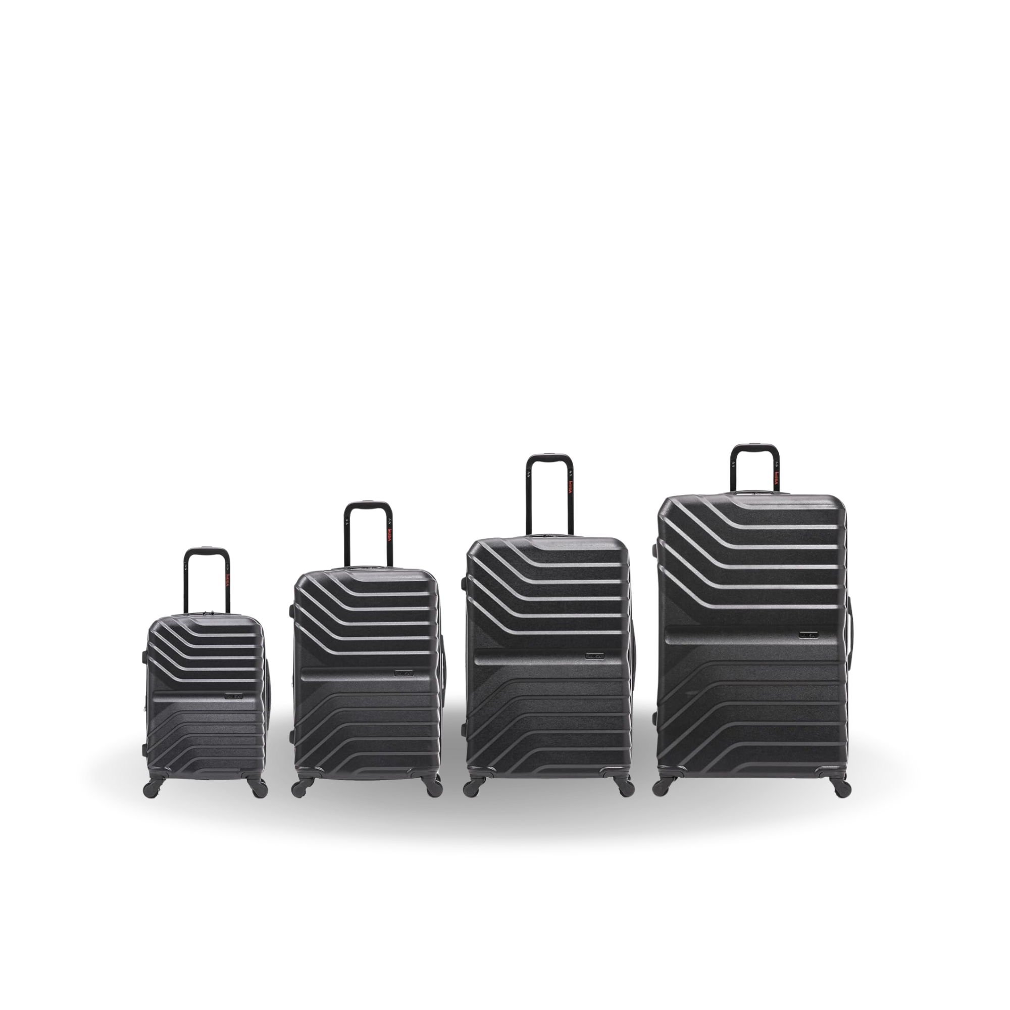 Set of four black suitcases of different sizes on a white background