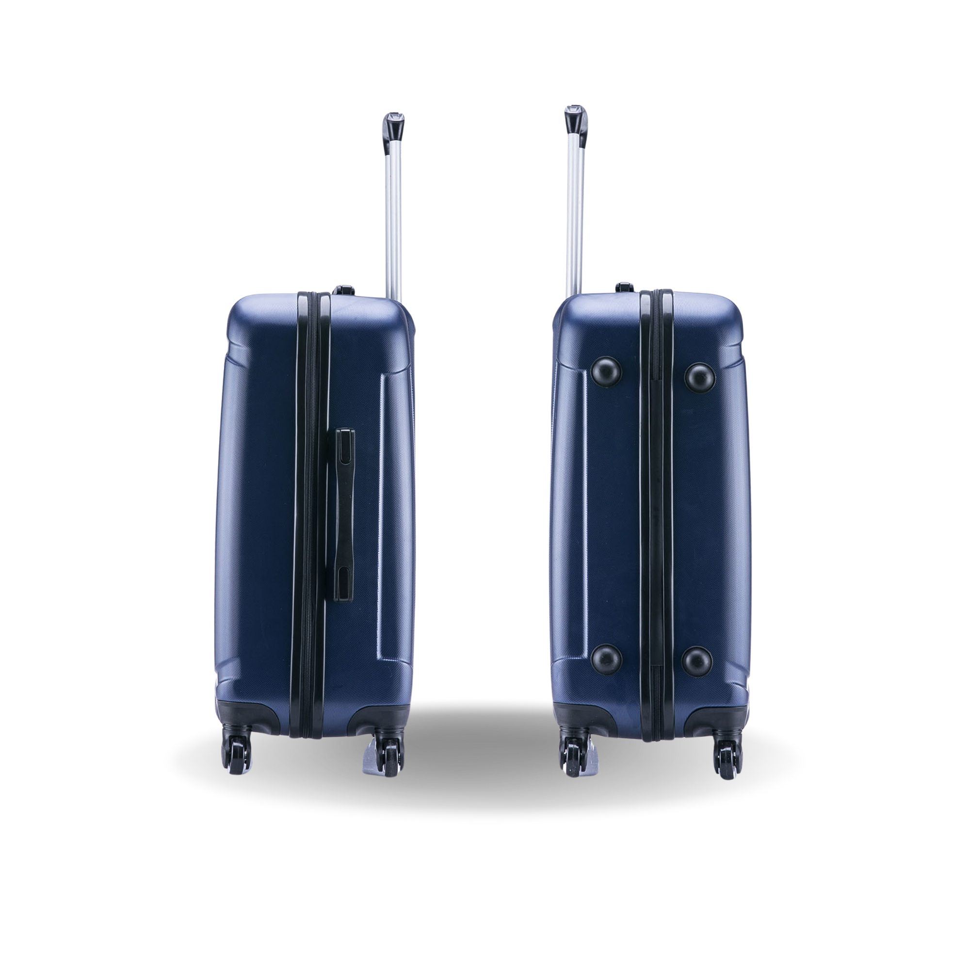 Two navy blue suitcases with wheels and handles on a white background