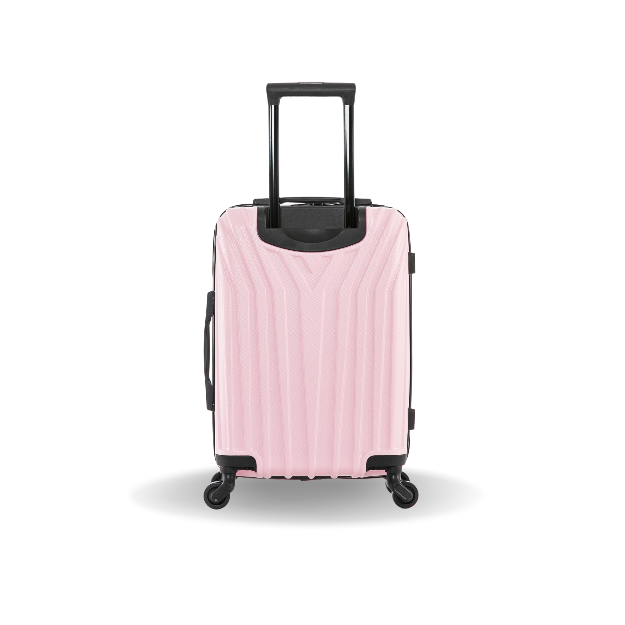 Pink suitcase with black handle and wheels on a white background