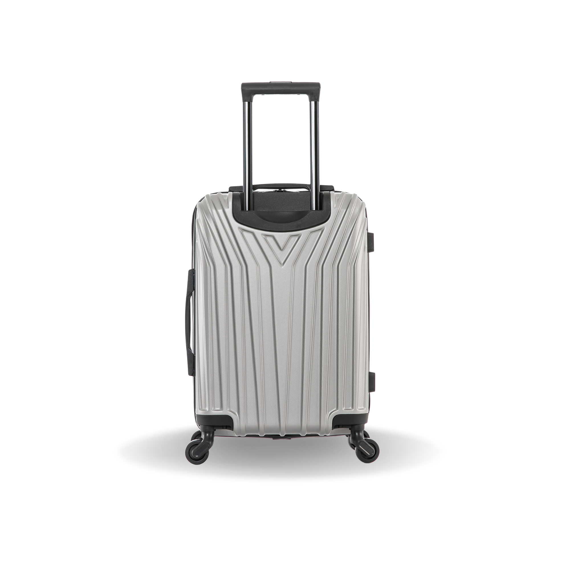 Silver suitcase with black handle and wheels on a white background