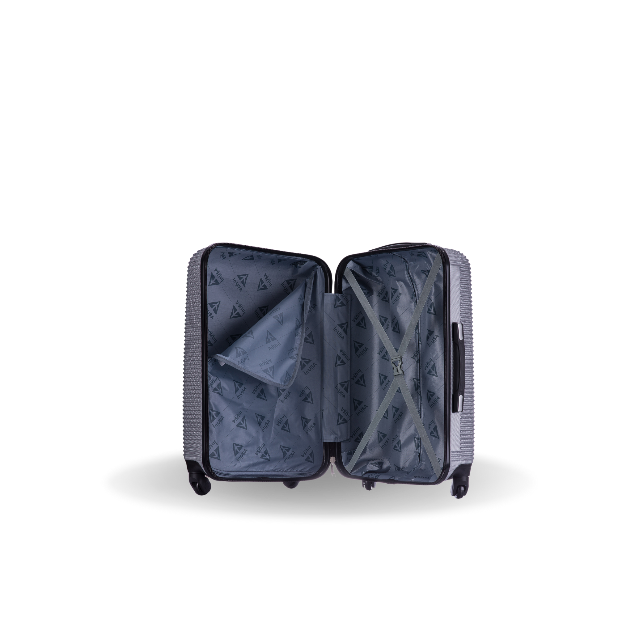 Open suitcase with interior view on a white background