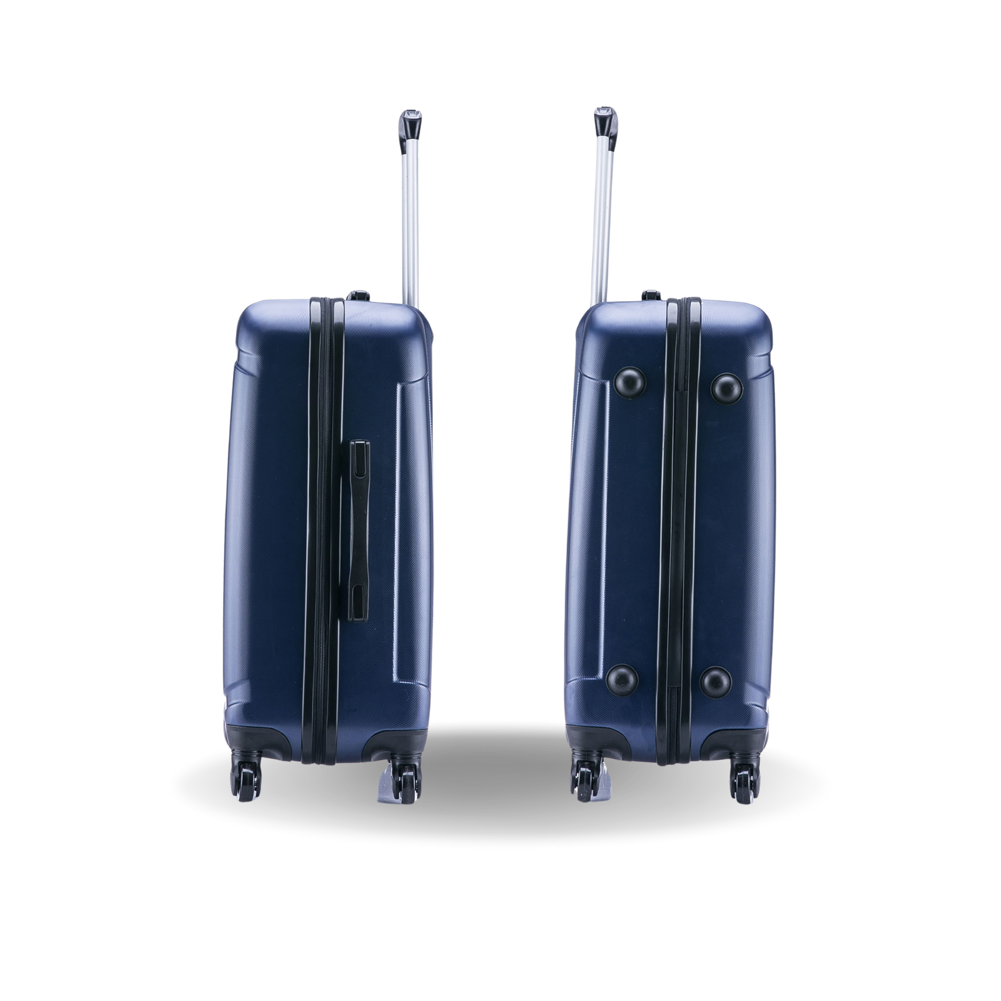 Two navy blue suitcases with wheels and handles on a white background