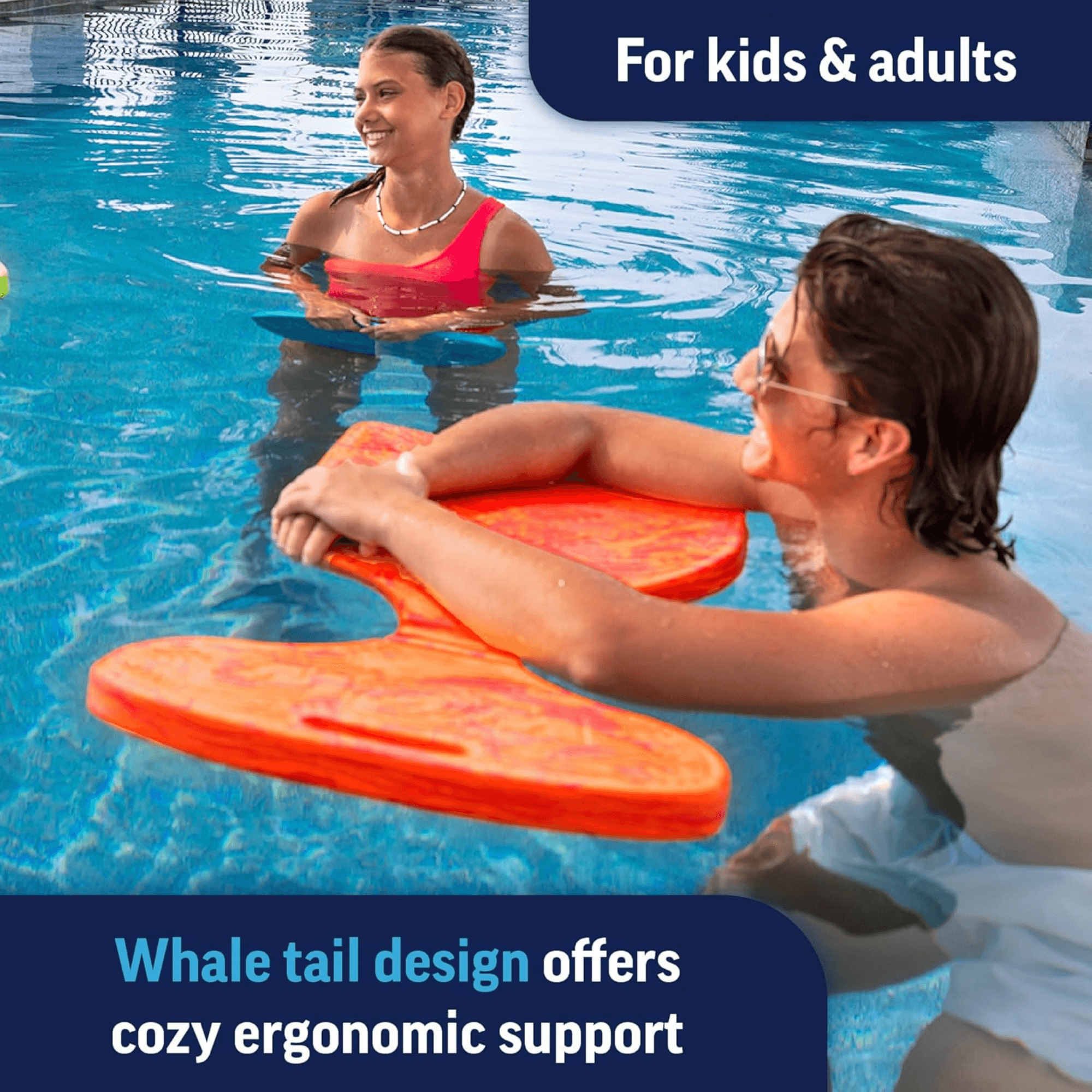 Two people using orange whale tail浮板 in a pool with text about its use for kids and adults.