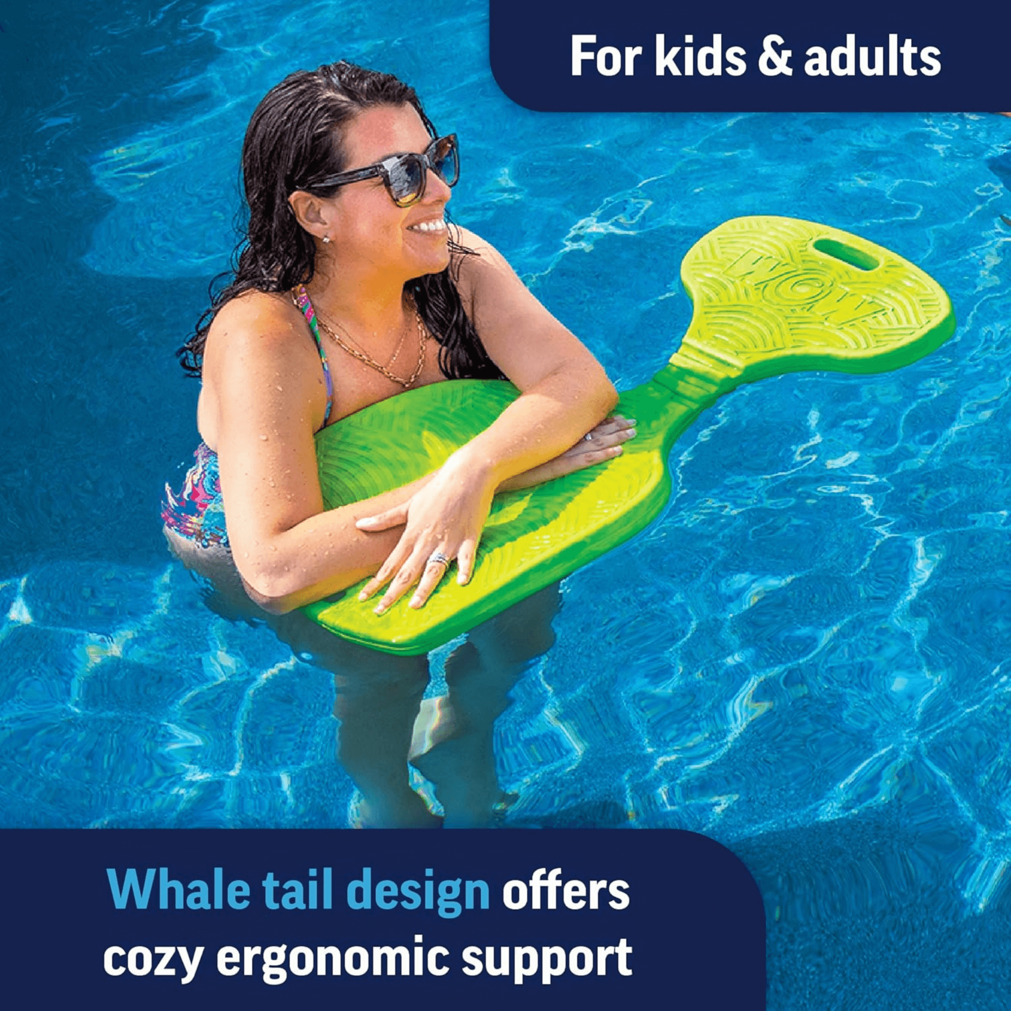 Woman in a pool using a green whale-shaped float with text about its use for kids and adults.