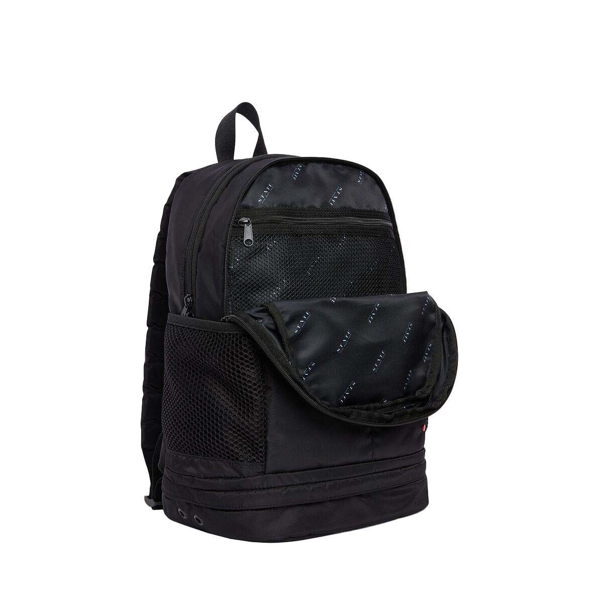 Black backpack with a front pocket on a white background