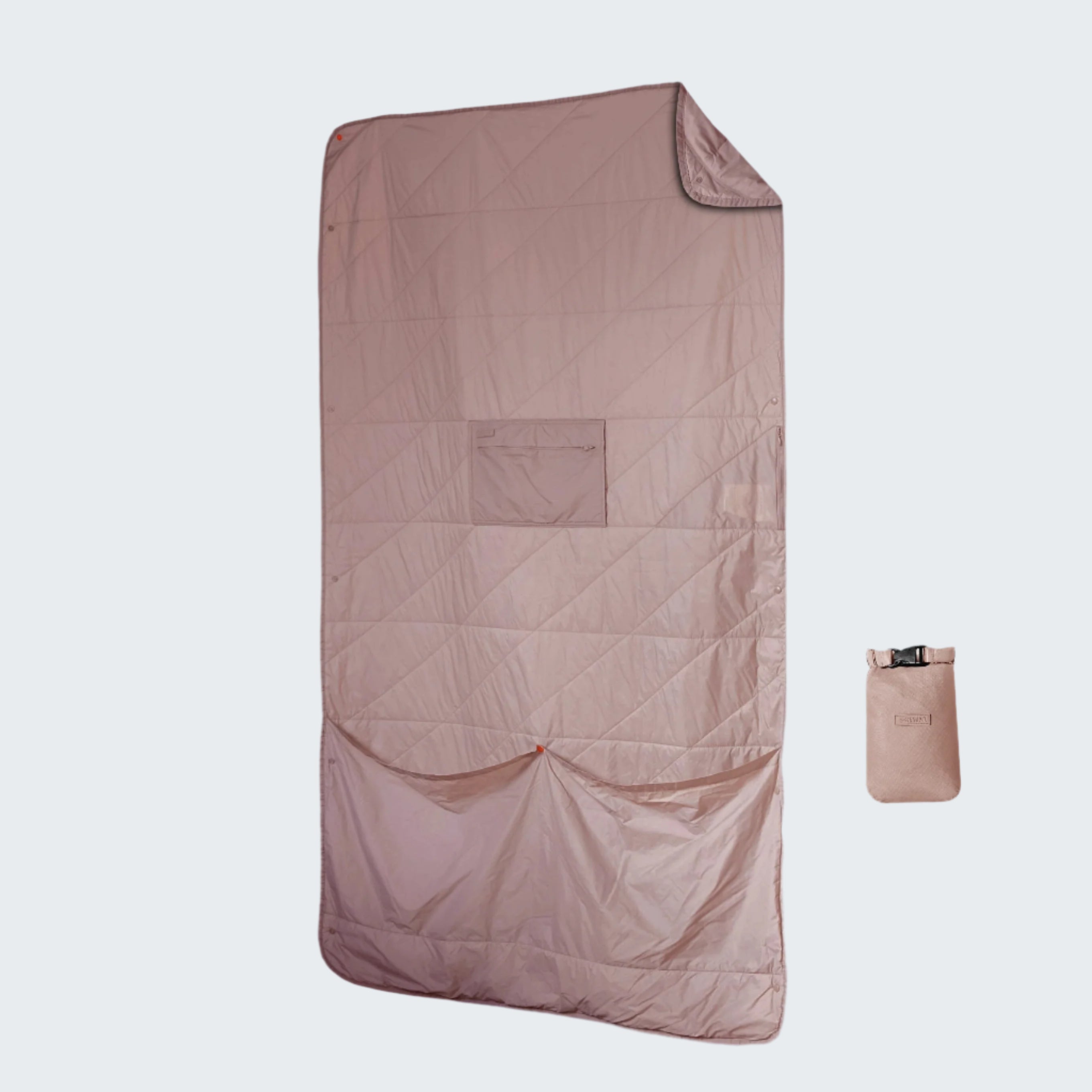 Foldable quilt with a small pouch on a white background