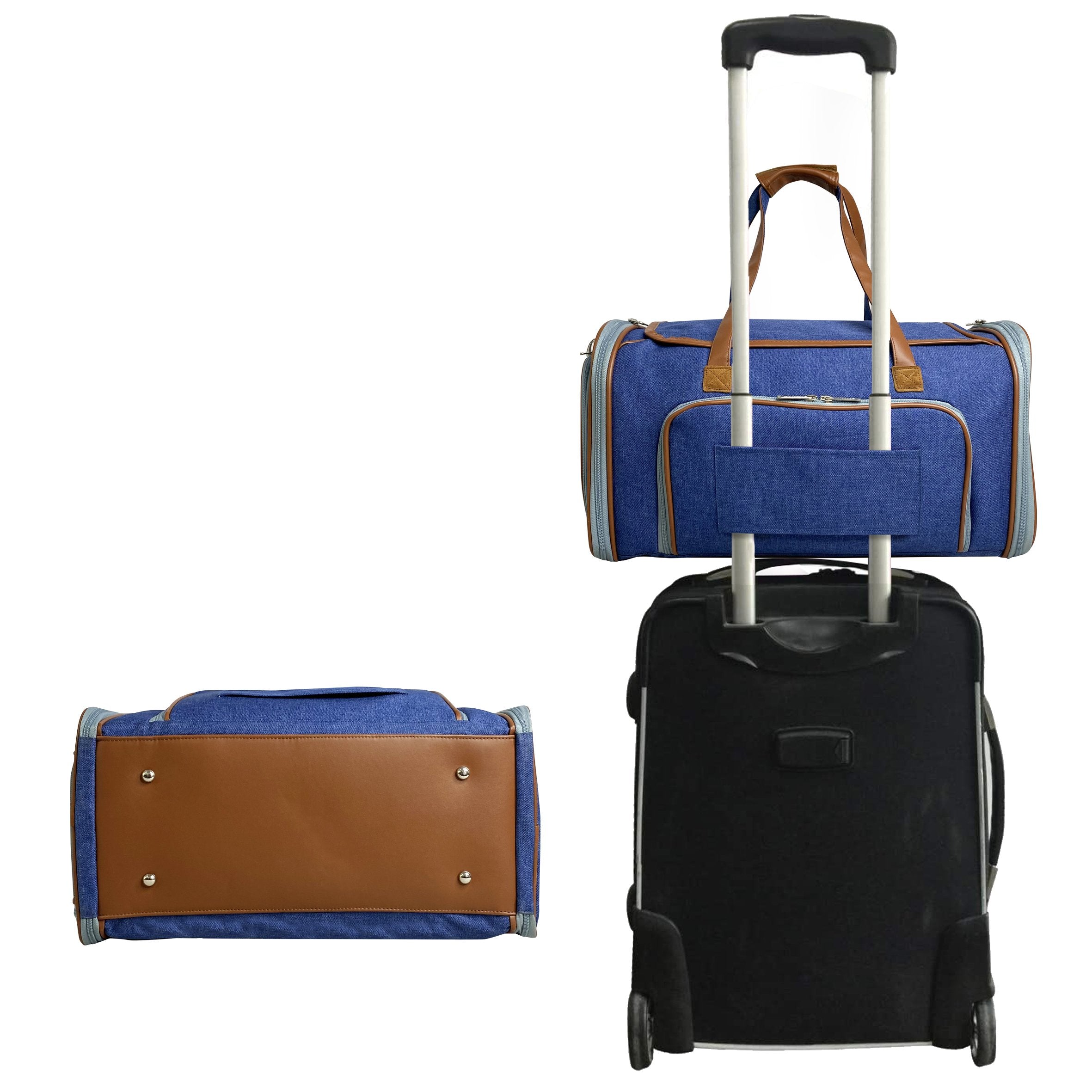 Two suitcases, one blue with brown accents and one black, on a white background.