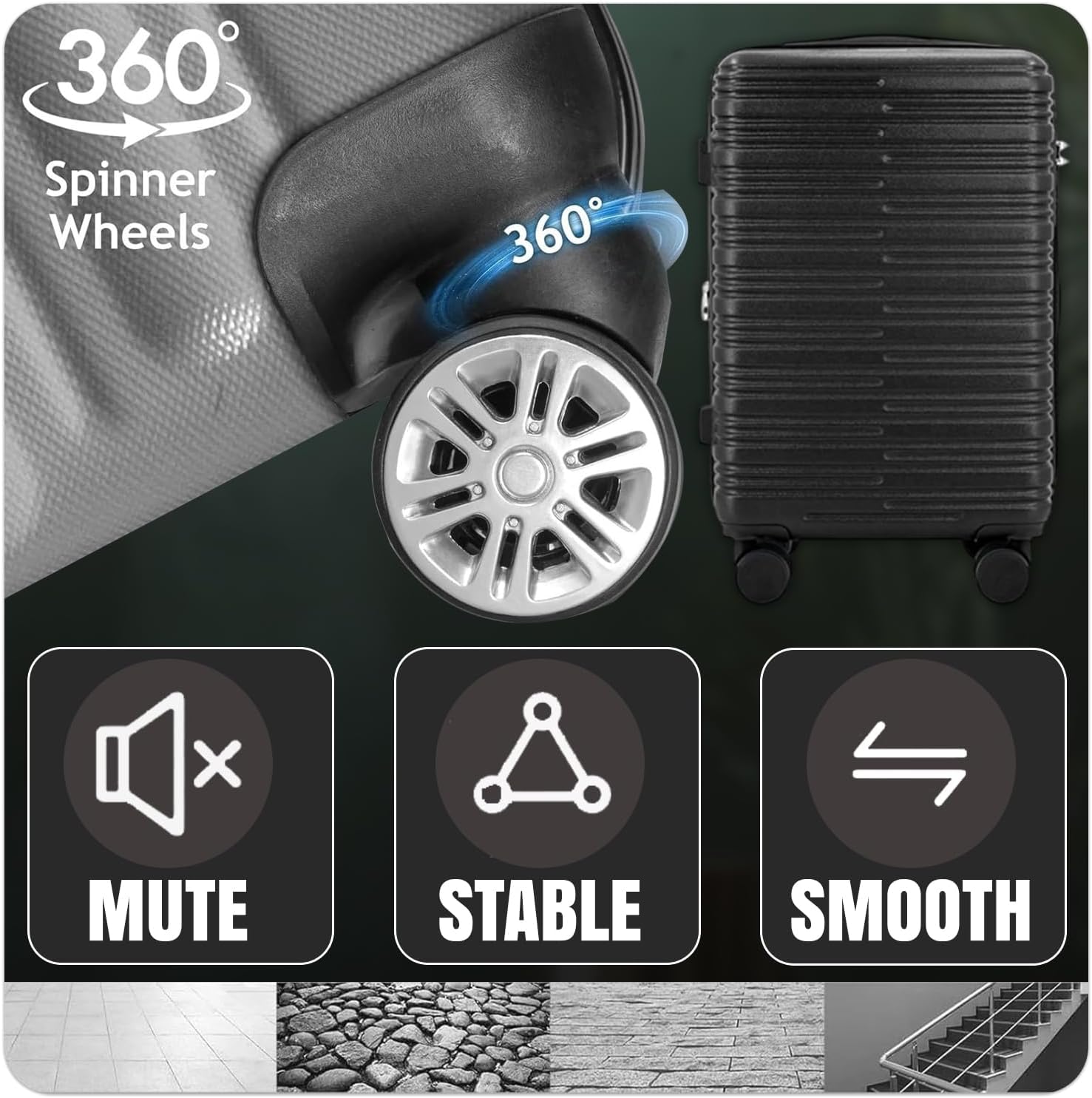 Black suitcase with 360-degree spinner wheel and features labeled 'Mute', 'Stable', and 'Smooth'.