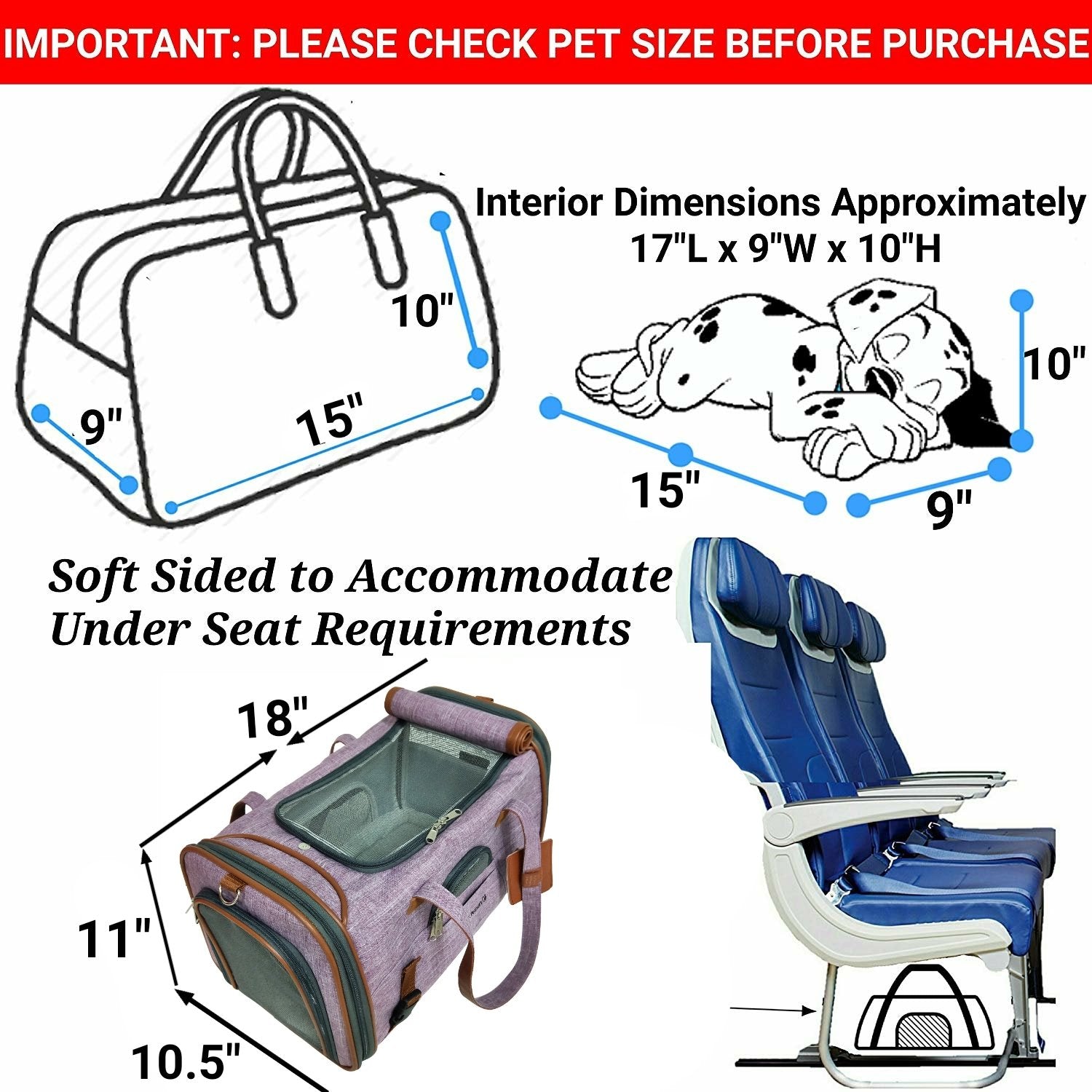Measurement chart for pet carrier with dimensions and seating reference