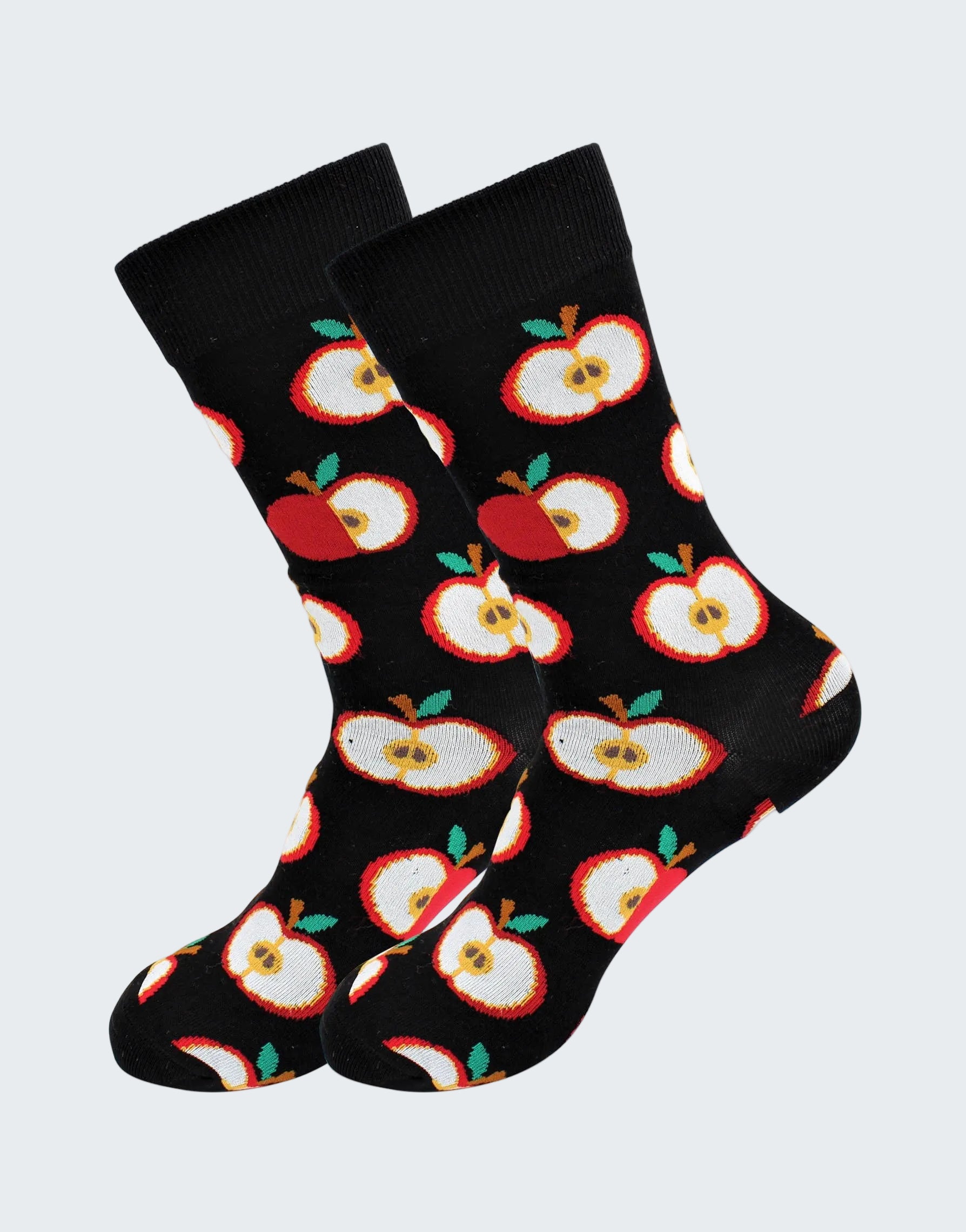 Black socks with red apple pattern on a white background