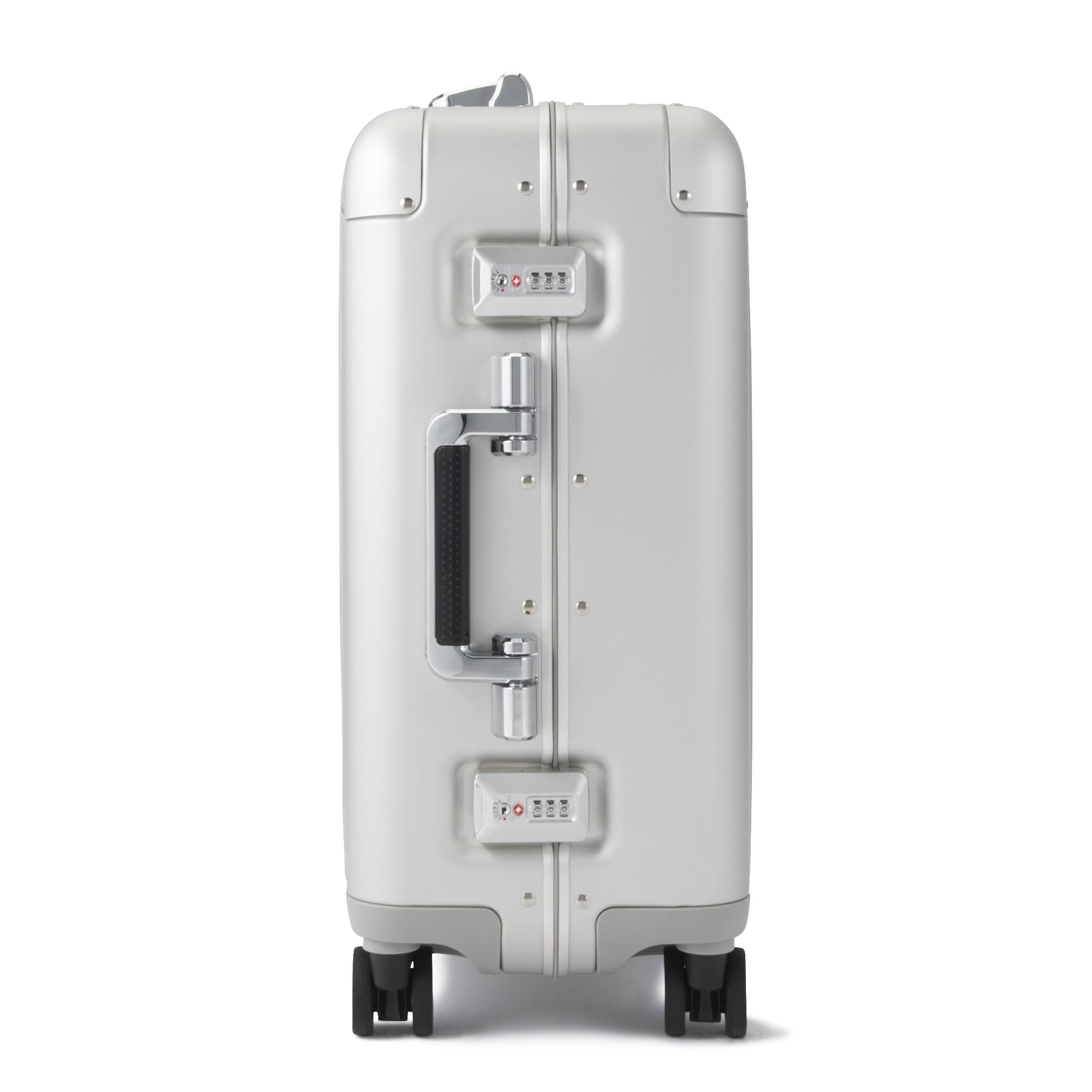 White suitcase with black wheels on a white background