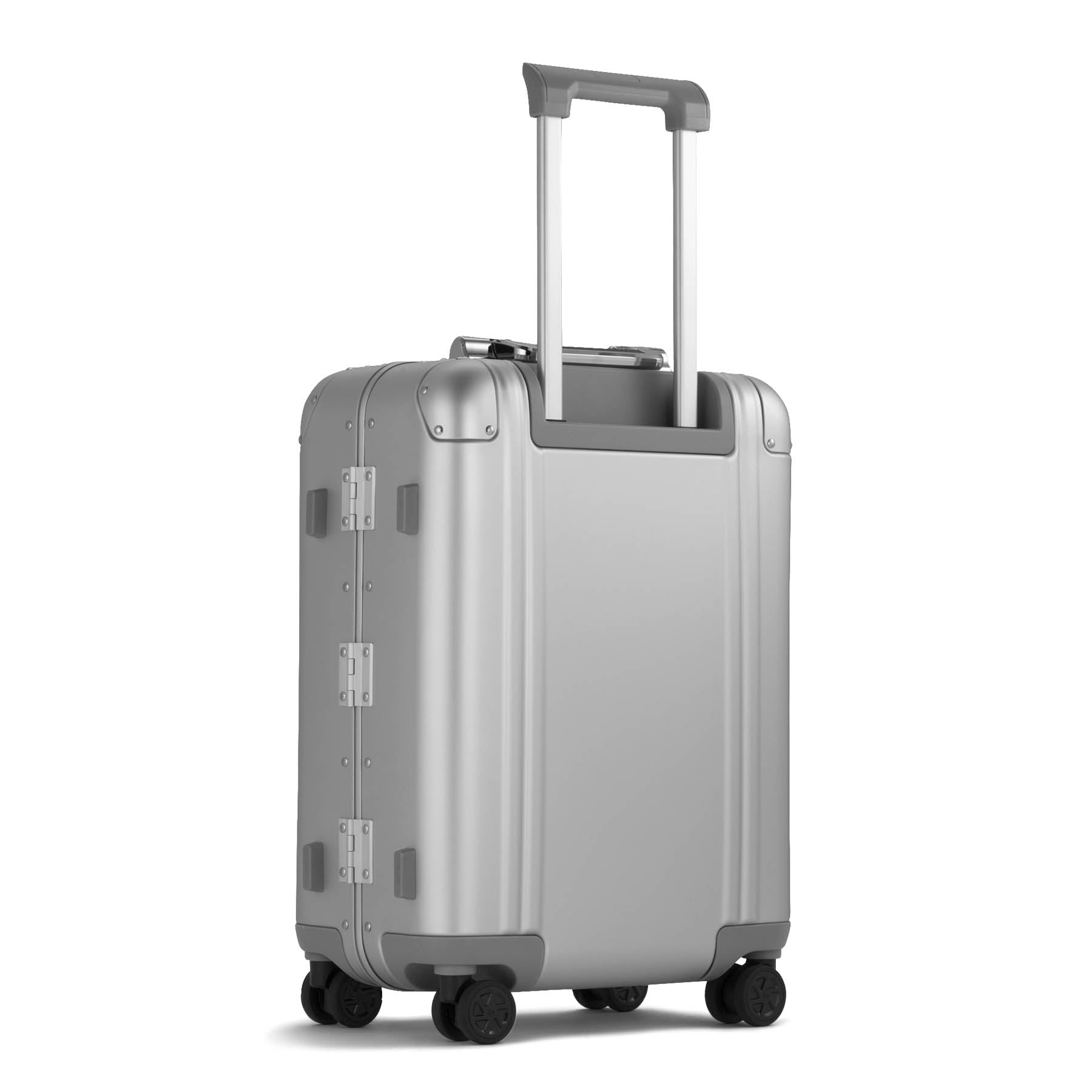 Silver suitcase with wheels on a white background