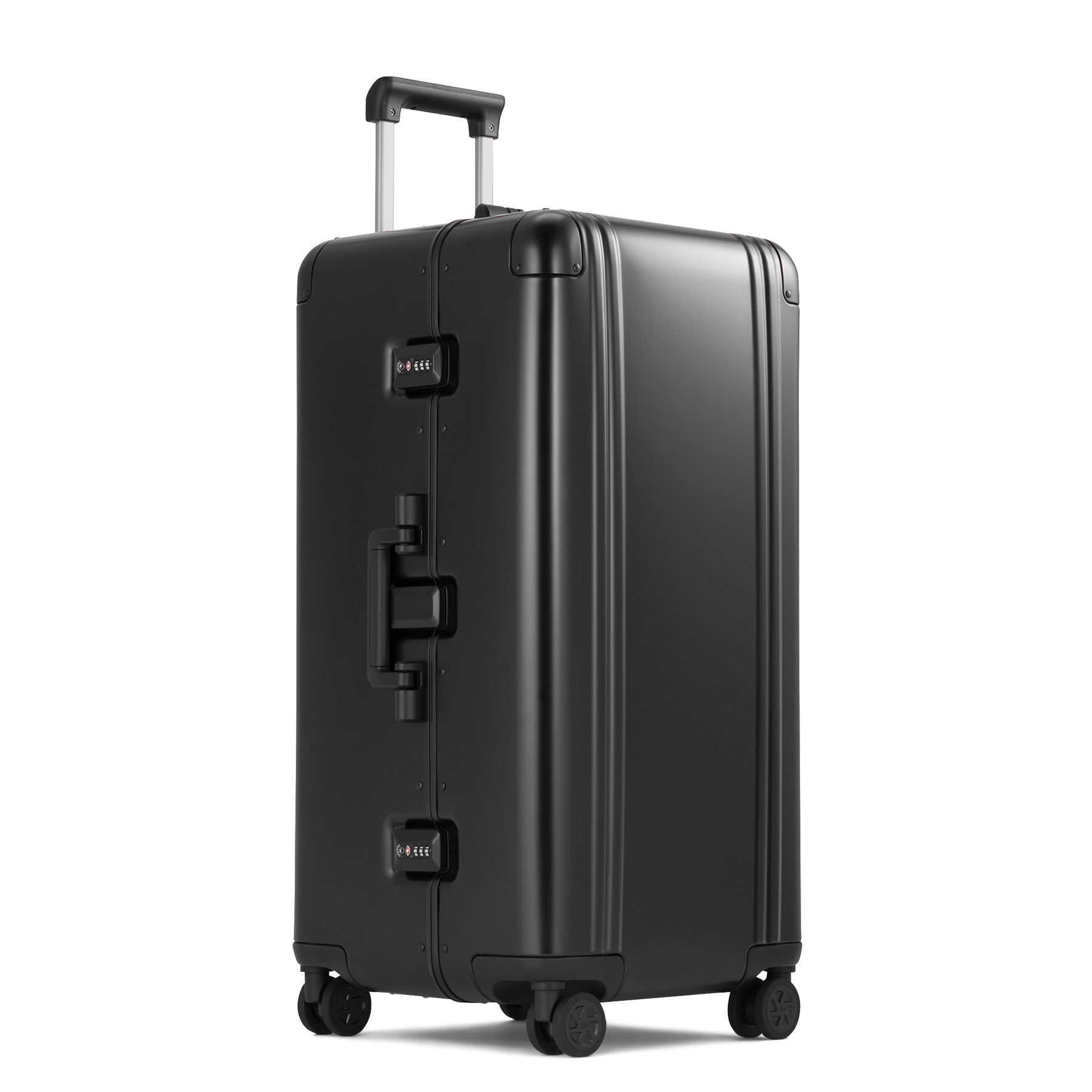Black suitcase with wheels and handle on a white background