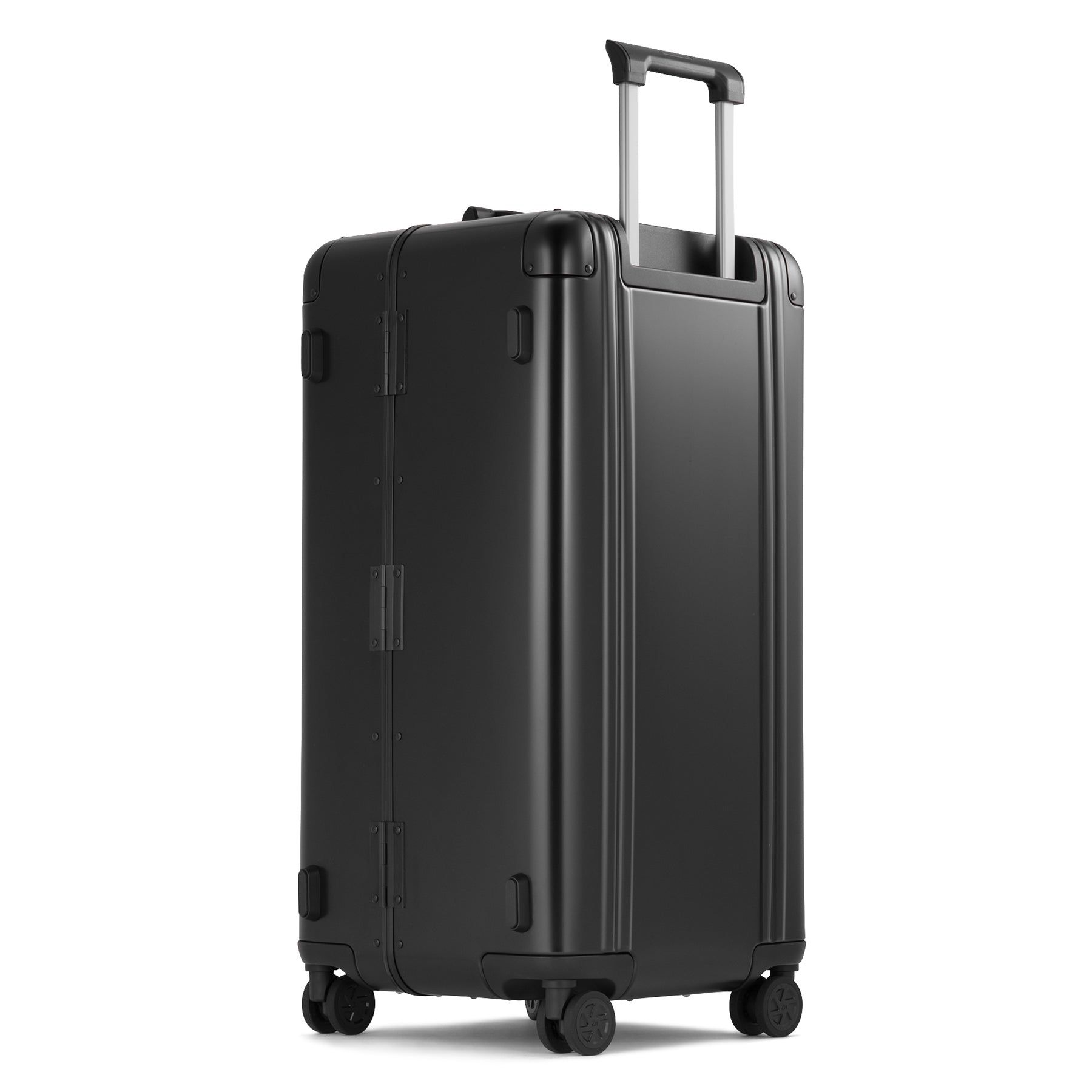 Black suitcase with wheels on a white background