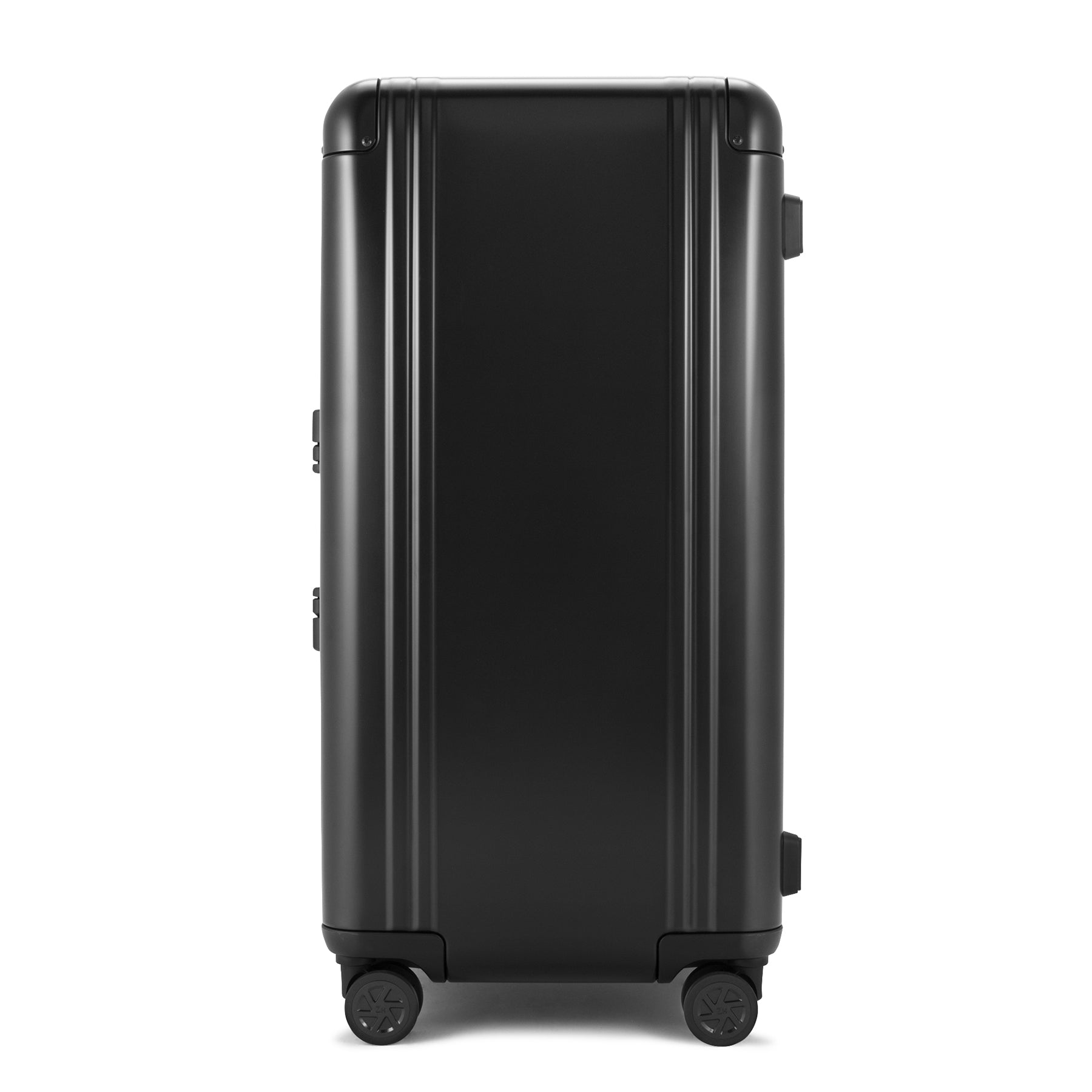 Black suitcase with wheels on a white background