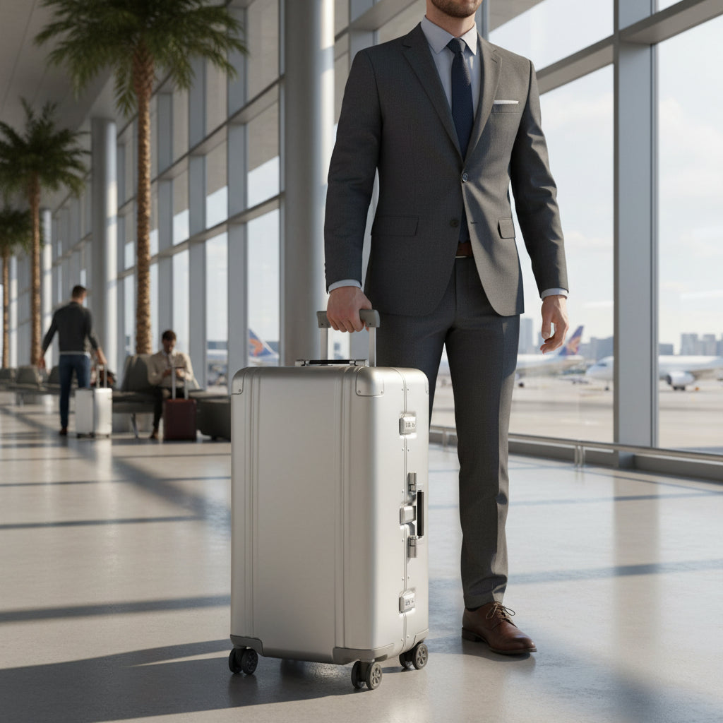 Silver suitcase with wheels and handle on a white background