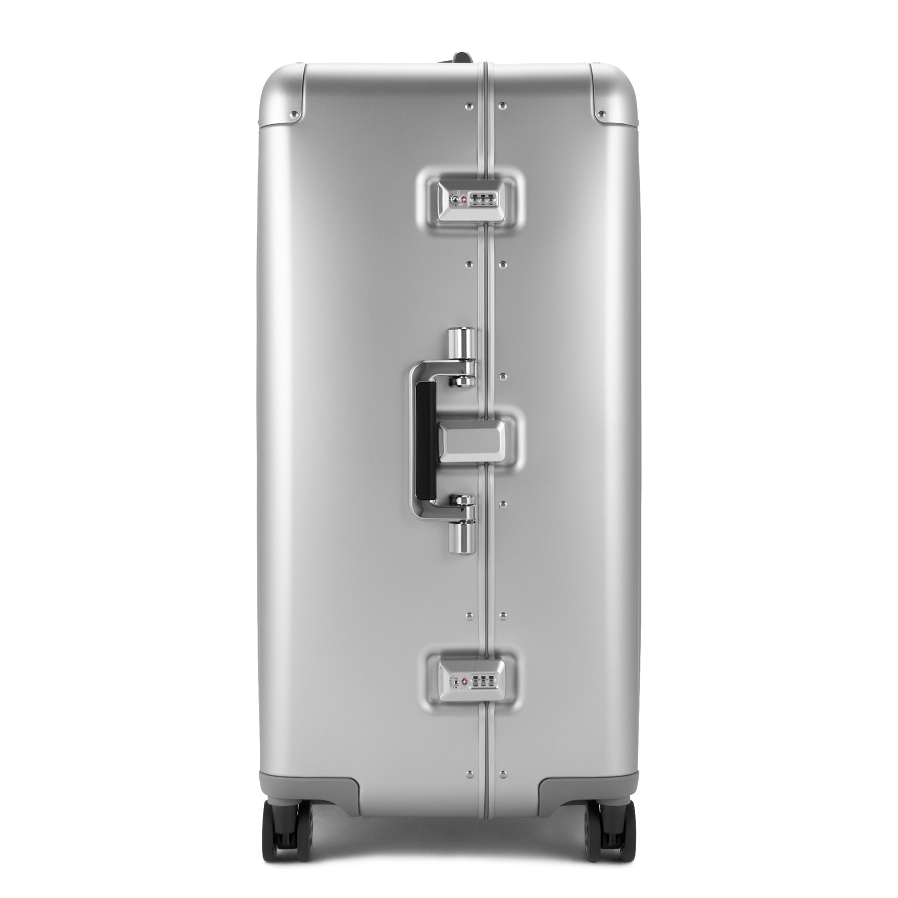Silver suitcase with wheels on a white background