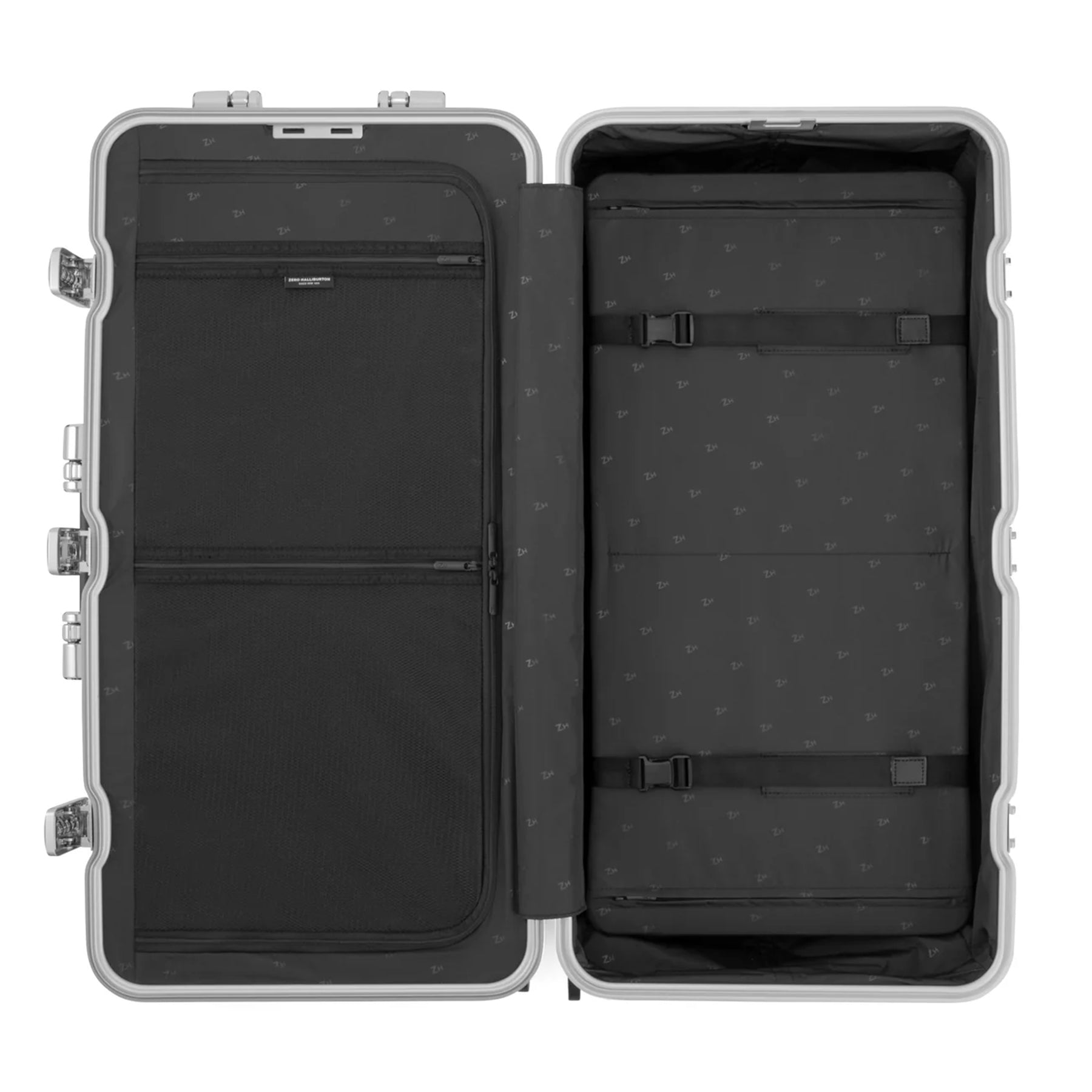 Open black travel case with compartments on a white background