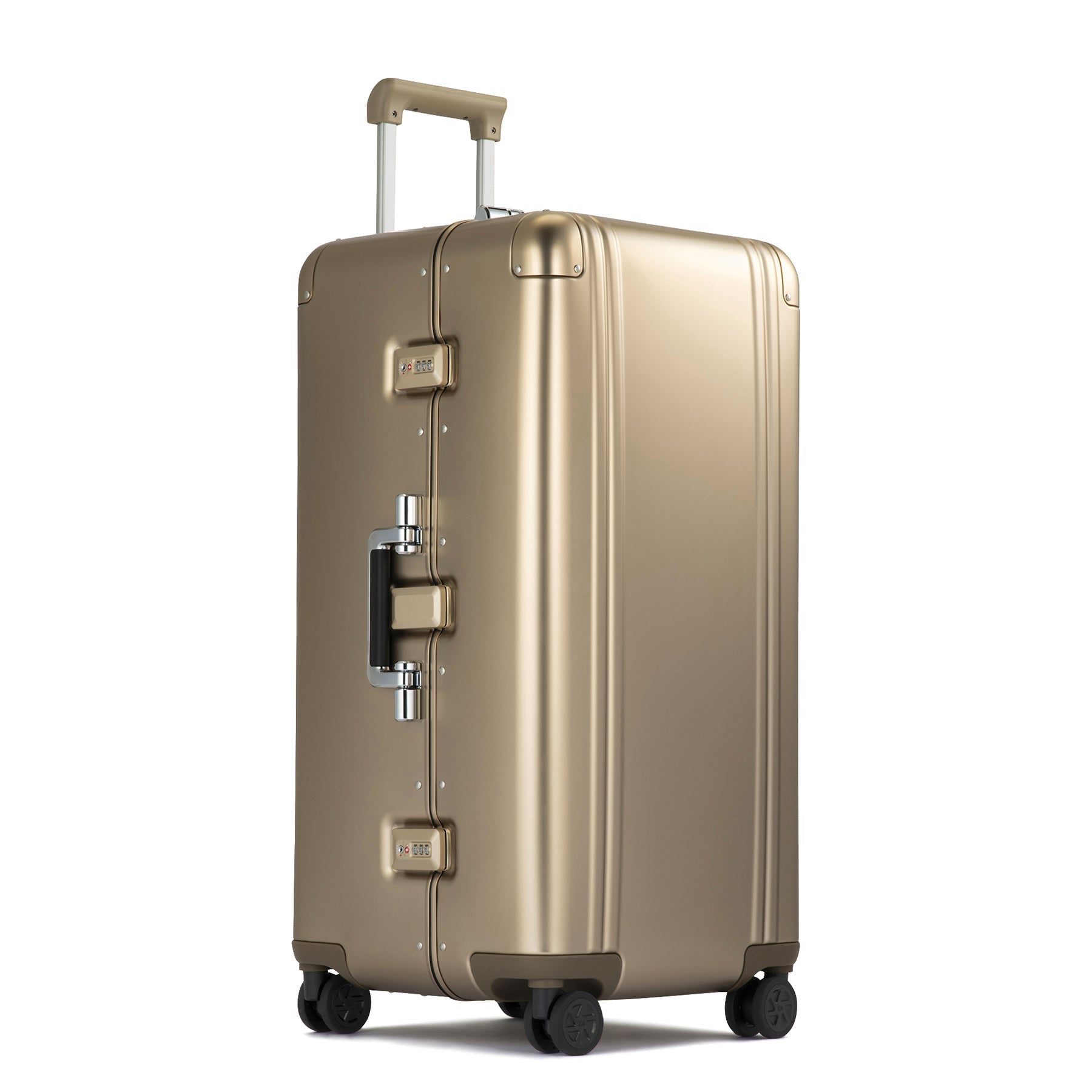 Gold suitcase with wheels and handle on a white background