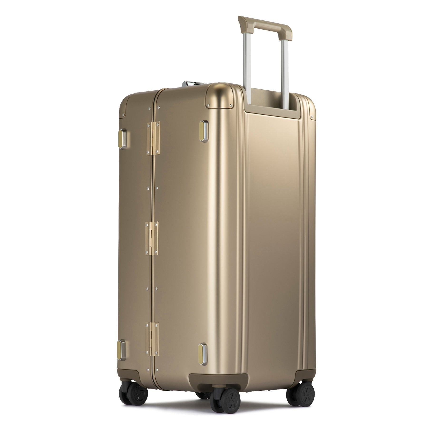 Gold suitcase with wheels and handle on a white background