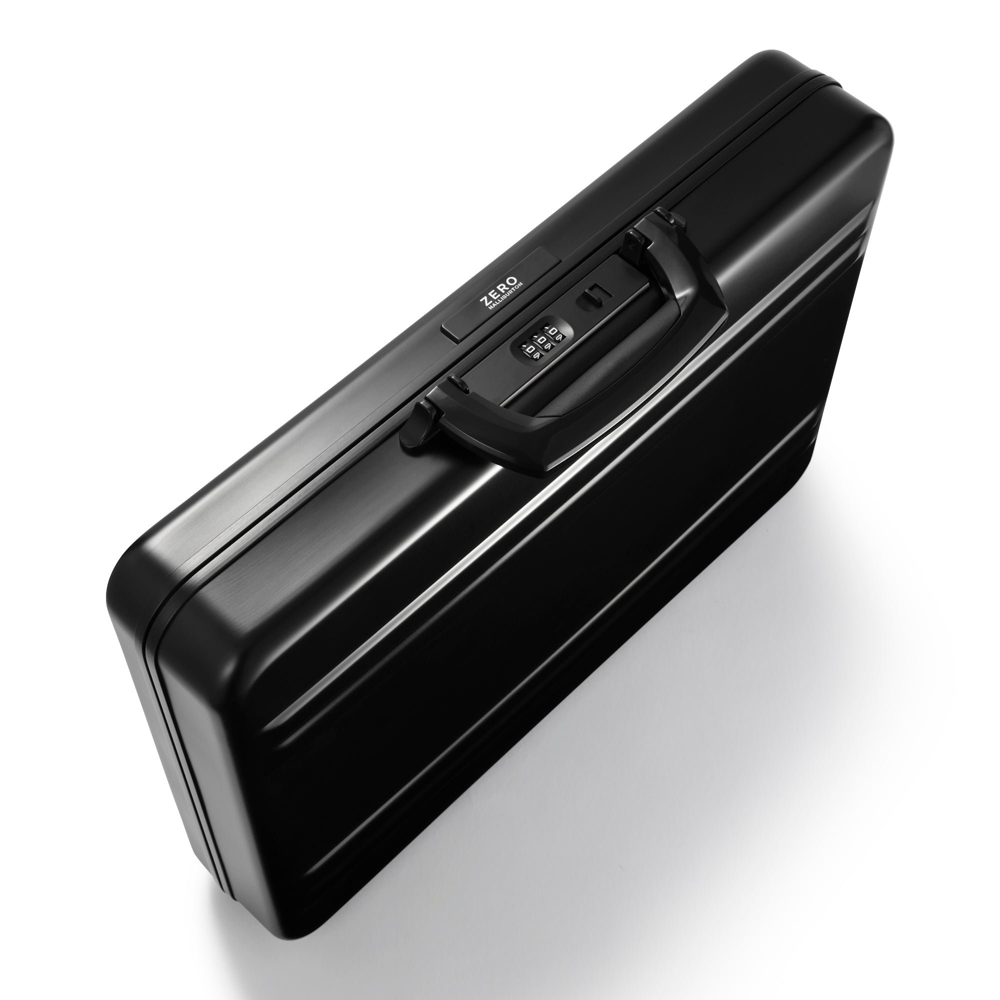 Black briefcase with a visible brand logo on a white background