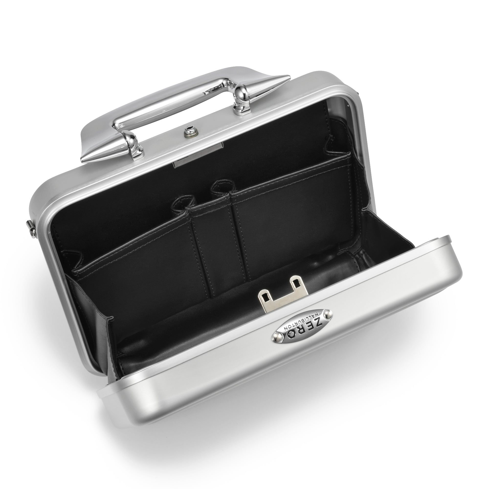 Silver clutch bag with black interior on a white background