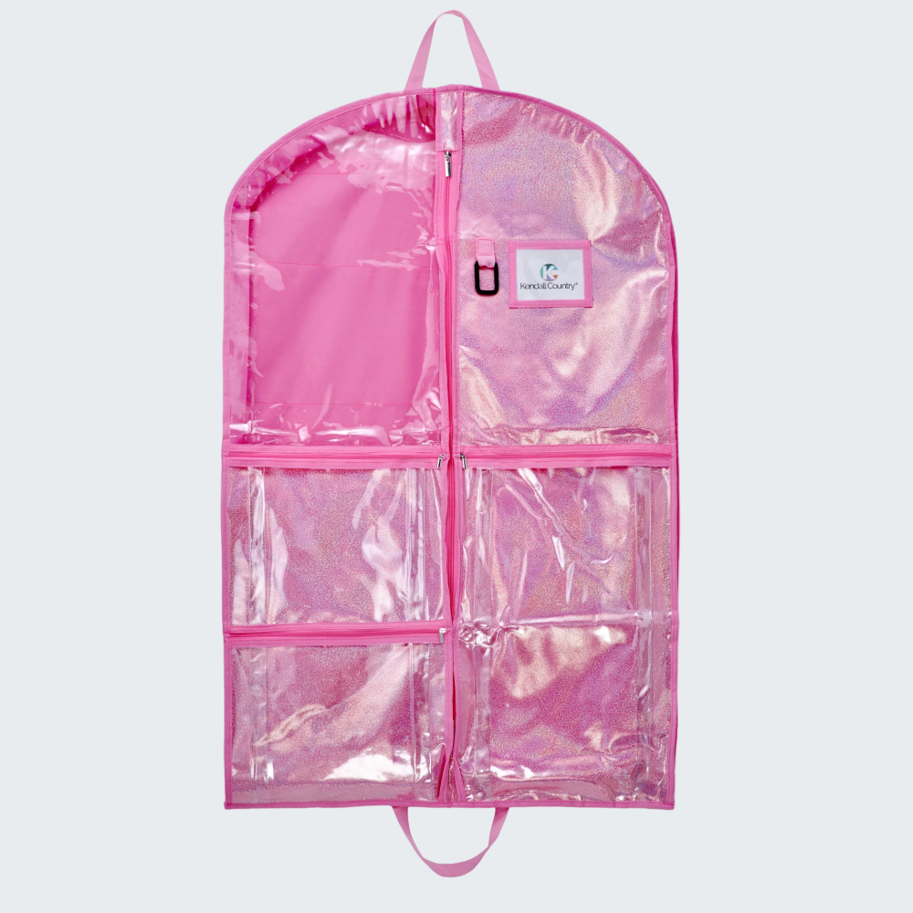 Pink transparent garment bag with a visible brand logo on a white background