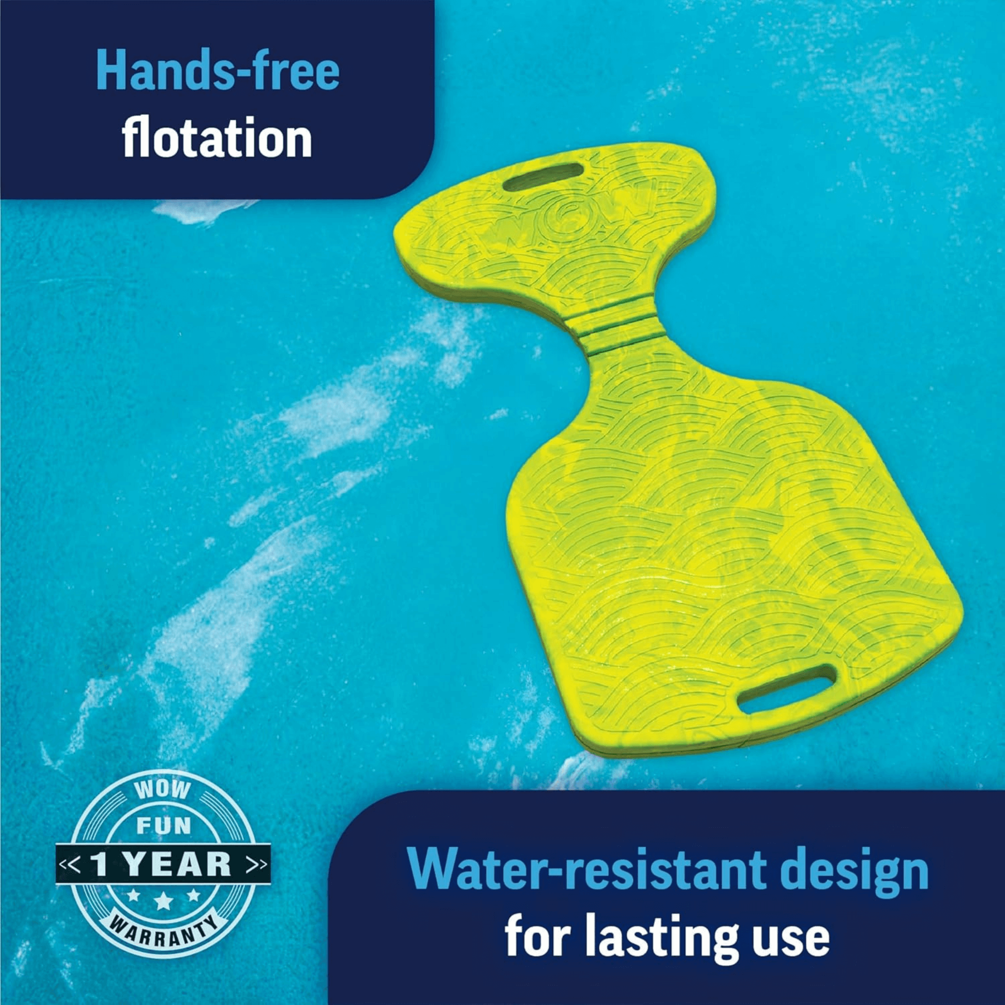 Yellow浮板 on a blue water background with text about hands-free flotation and water-resistant design.