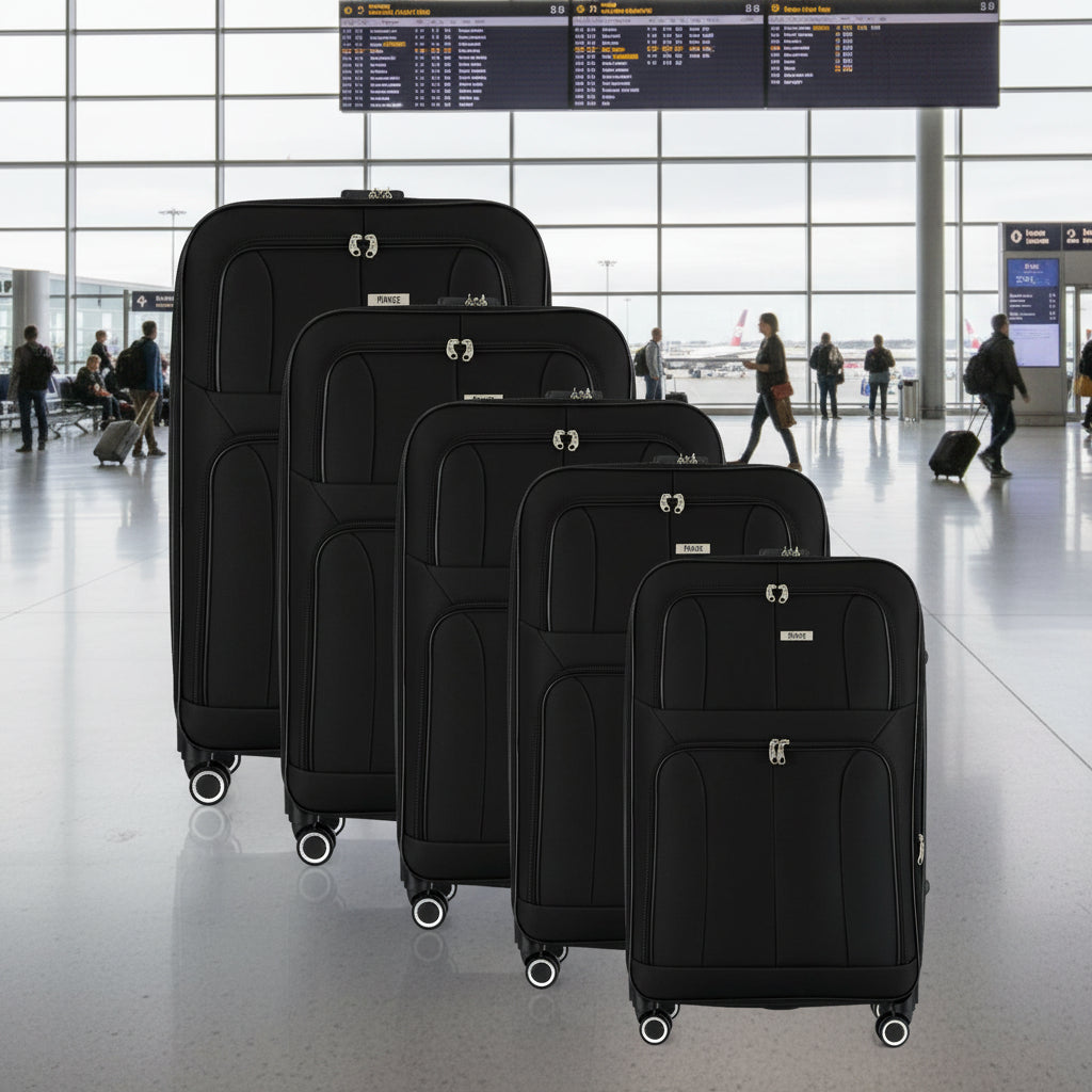Set of four black suitcases of different sizes on a white background