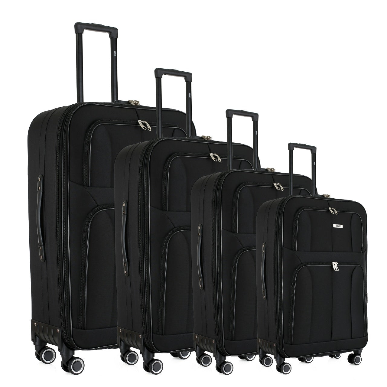 Set of four black suitcases of different sizes on a white background